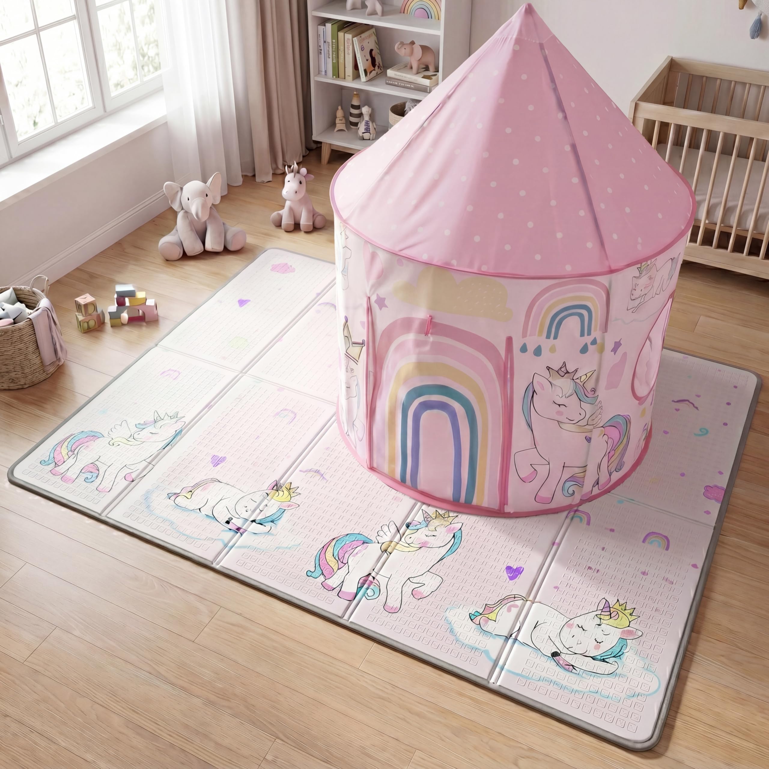 Kids Unicorn Play Tent and Play Mat Set, Double Sided, Thick Foam, Antislip and Waterproof Play Mat & Matching Immersive Polyester Play Tent