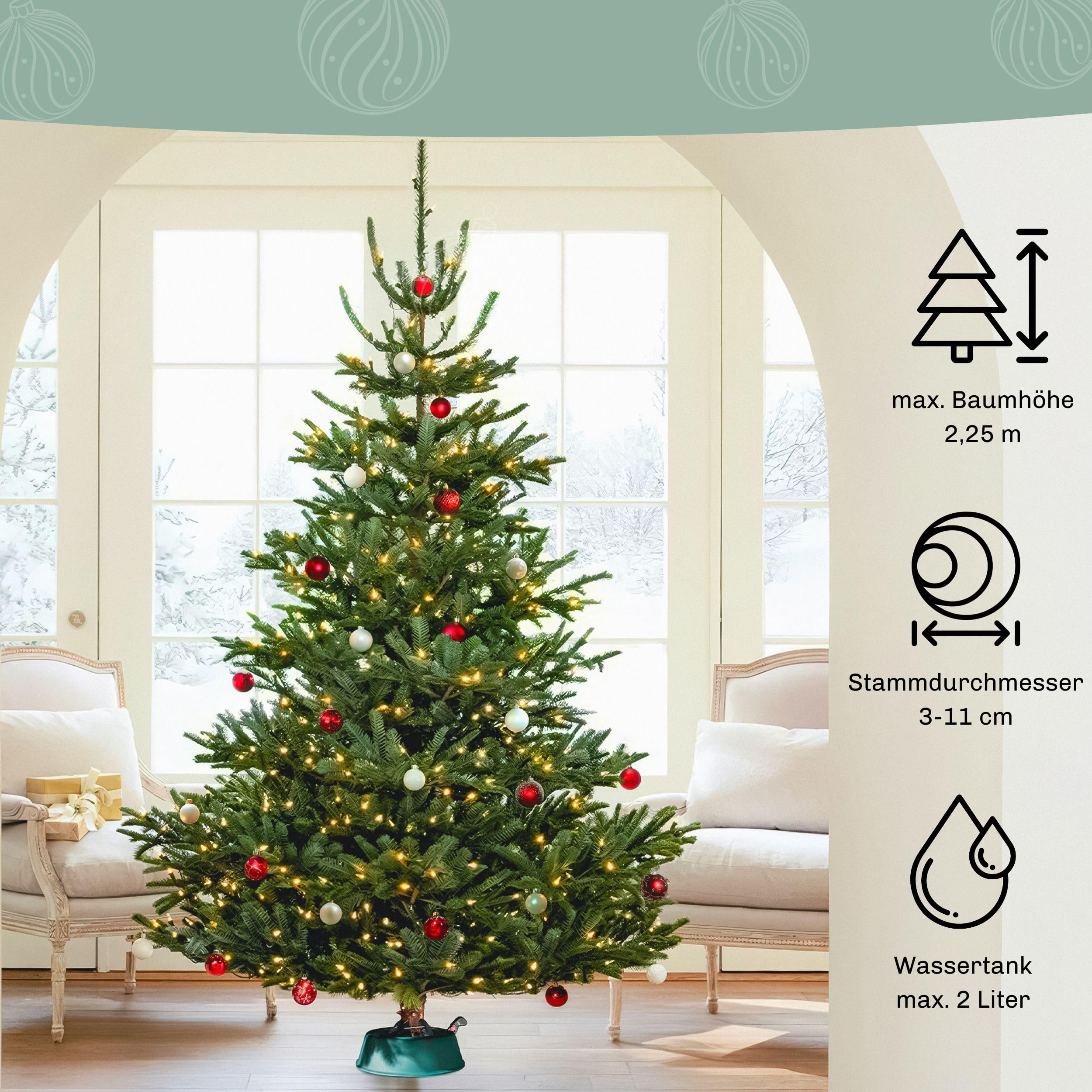 Christmas-World Christbaumständer, Modell Taunus, für Baumhöhe bis 2,25 m, Weihnachtsbaumständer Tannenbaumständer mit Fußhebelfunktion und Einseiltechnik, 2,0 Liter Wassertank, Grün