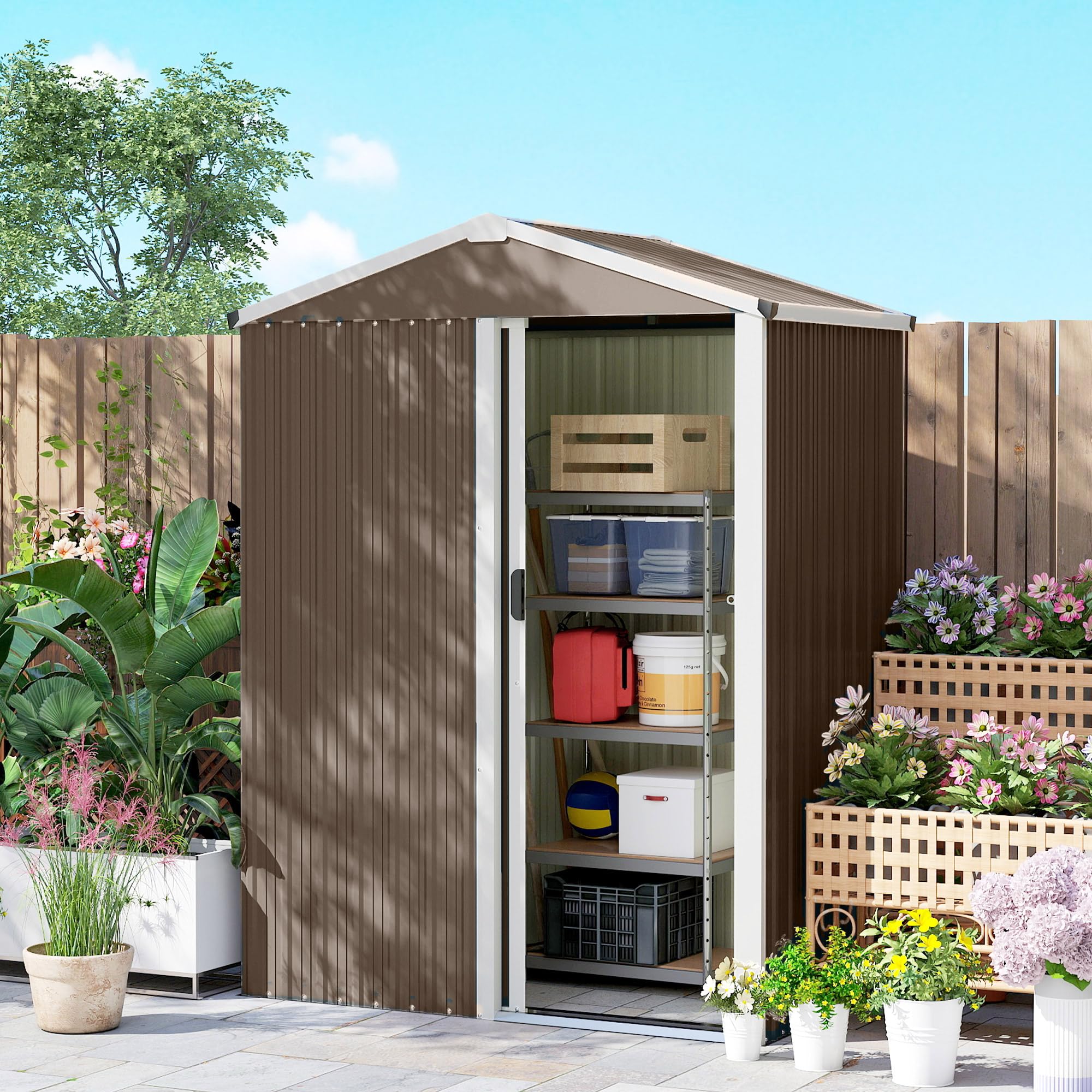 Outsunny Casetta da Giardino 1.1m² Acciaio Zincato 136x87x179 cm Marrone
