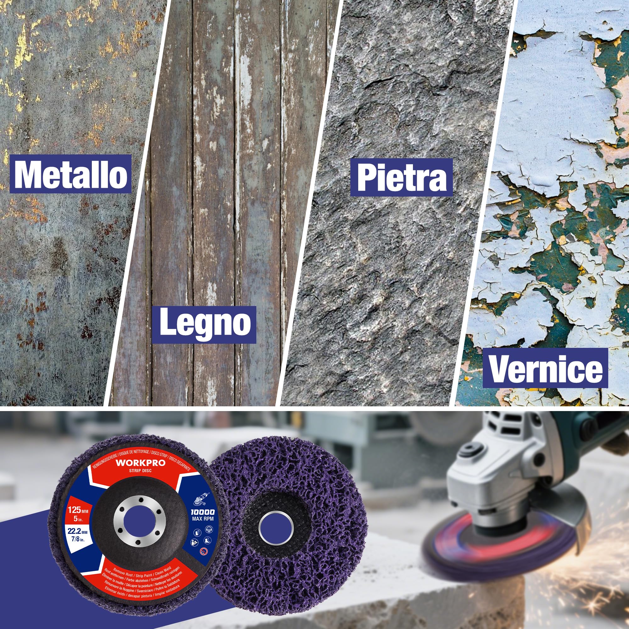 WORKPRO Set da 6 Dischi Abrasivi 125 mm per Smerigliatrice Angolare, Dischi di Pulizia Grossolana per la Rimozione di Ruggine e Vernice, Dischi per Smerigliatrice per Lavori di Sgrossatura