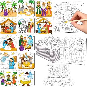 28pcs Christmas Nativity Set Christian Story Puzzles, Color Your Own Crafts for Gifts, Party Favors