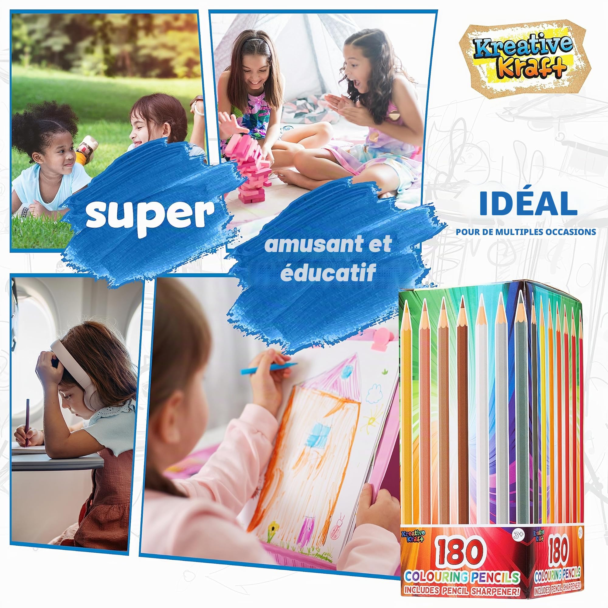 KreativeKraft Lot de 180 crayons de couleur pour enfants, adolescents et adultes – Taille-crayon de 30 couleurs inclus – Fournitures artistiques