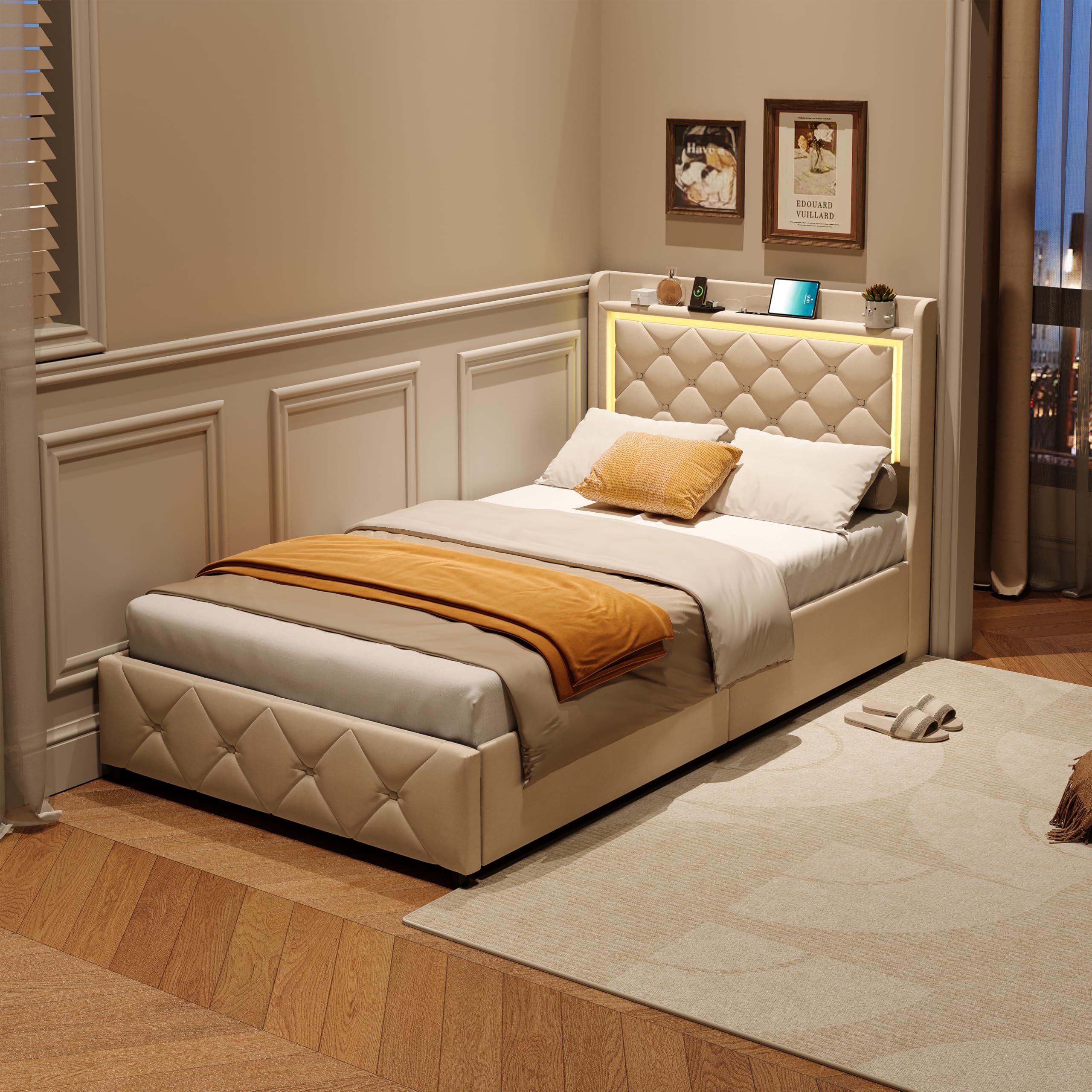 Letto imbottito 90 x 200 cm, letto imbottito con 2 cassetti,Letto LED con funzione di ricarica USB, schienale con spazio di archiviazione letto singolo con rete a doghe, letti per adolescenti (beige