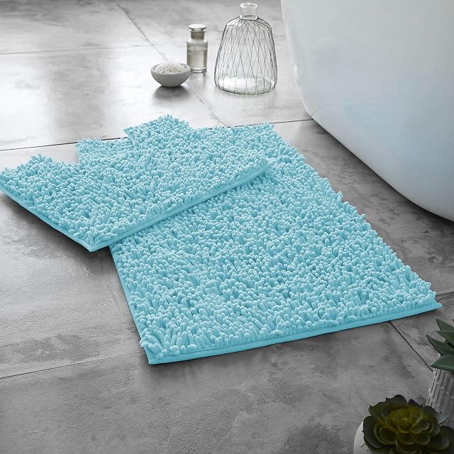 GC GAVENO CAVAILIA 100% Microfiber Toilet Rug Set, Loop Bath Mat Non Slip, Pedestal Mats For Bathroom, Aqua, Regular