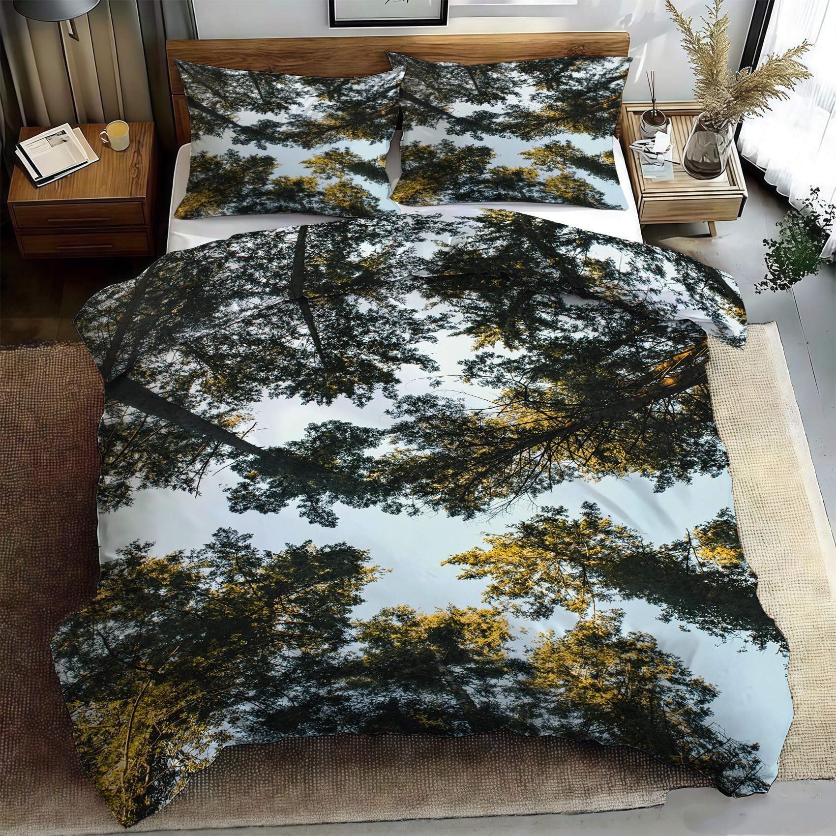 Housse de couette 200x200 forêt en microfibre bleue avec ses 2 taies d'oreiller