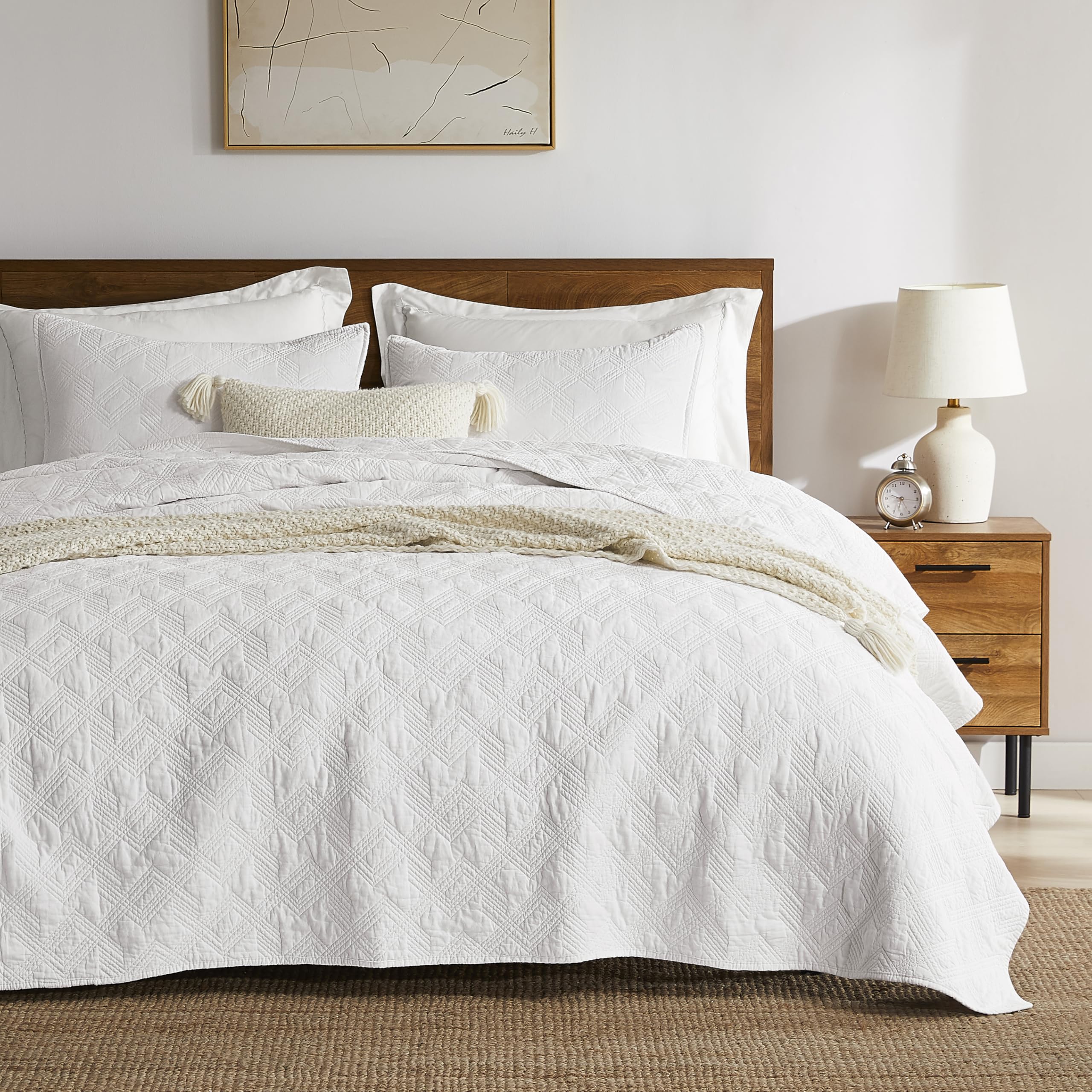 WDCOZY White 100% Cotton Oversized California King Size Quilt Bedding Sets with 2 Pillow Shams, Shabby Chic Rustic Textured Gauze Lightweight Country Soft Bedspread Coverlet for All Season