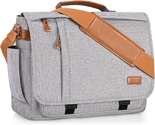 Miniatura 7 de ESTARER Bolsa de mensajero para laptop de 13 a 14 pulgadas, resistente al agua, bolsa de hombro de lona para universidad de negocios, gris 13-14"