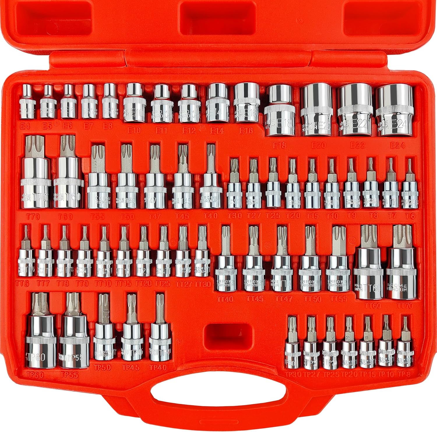 WETT Master Torx Bit Socket and External Torx Socket Set, 60-Piece 1/4", 3/8", 1/2" Drive E-Torx Sockets (E4-E24, T6-T70, TT6-TT70, TP8-TP60), S2 and CR-V Steel