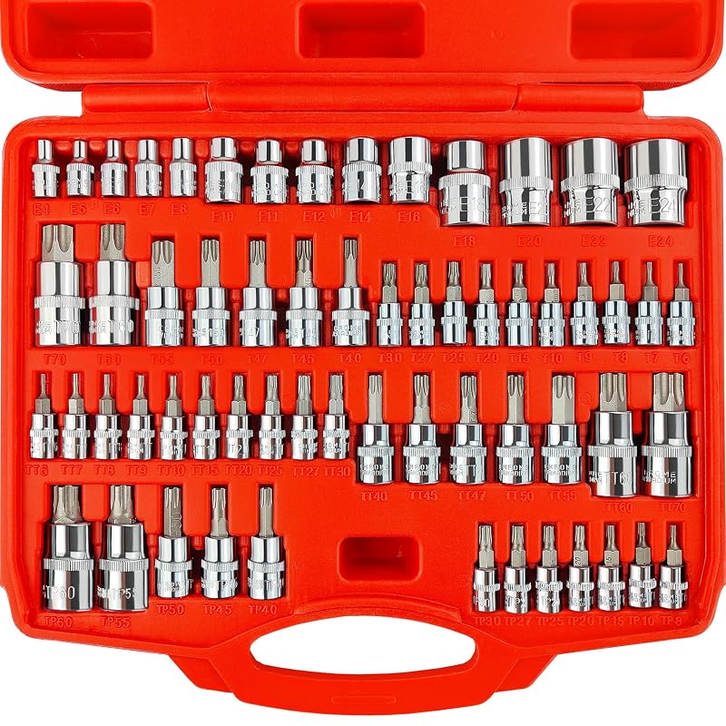 Jogo de Soquetes Torx, Torx Externo, Torx Plus e Tamper WETT HZ001 com 60 Peças, Encaixes de 6,35 mm, 9,53 mm e 12,7 mm