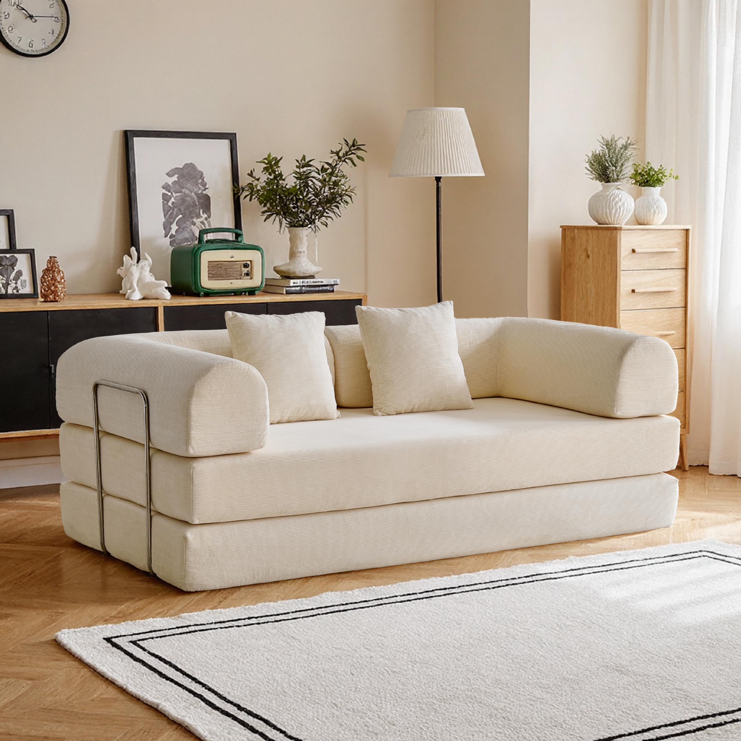 79'' Convertible Compressed Corduroy Folding Cloud Sofa Bed, 5 in 1 Modern Modular Boneless Pull Out Loveseat Sleeper in a Box, No Assembly Floor Mattress Futon Couch for Home, Beige, Pillows, King