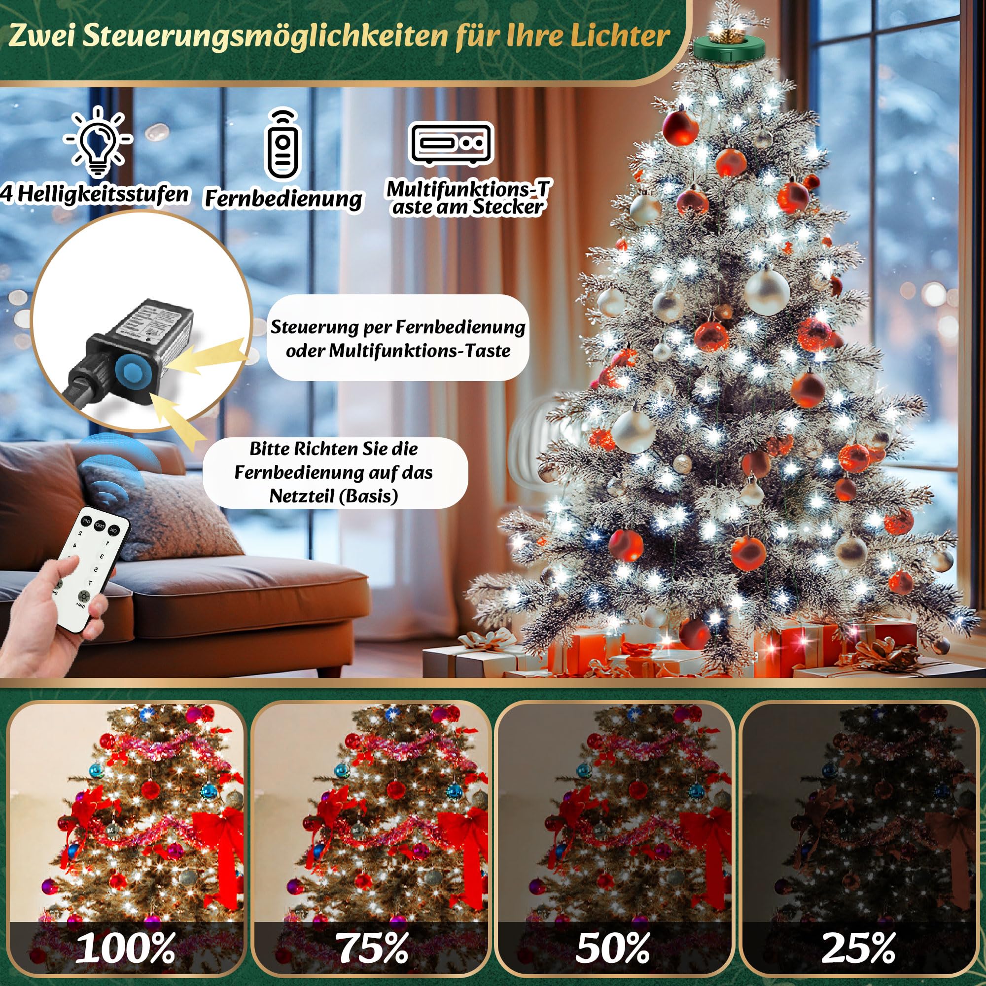 Lichterkette Weihnachtsbaum mit Ring Weiß 400er LED Christbaumbeleuchtung mit 16 Stränge 2m Tannenbaum Lichterketten Weihnachtsbeleuchtung Lichternetz für 110cm-240cm, Weihnachten und Partys