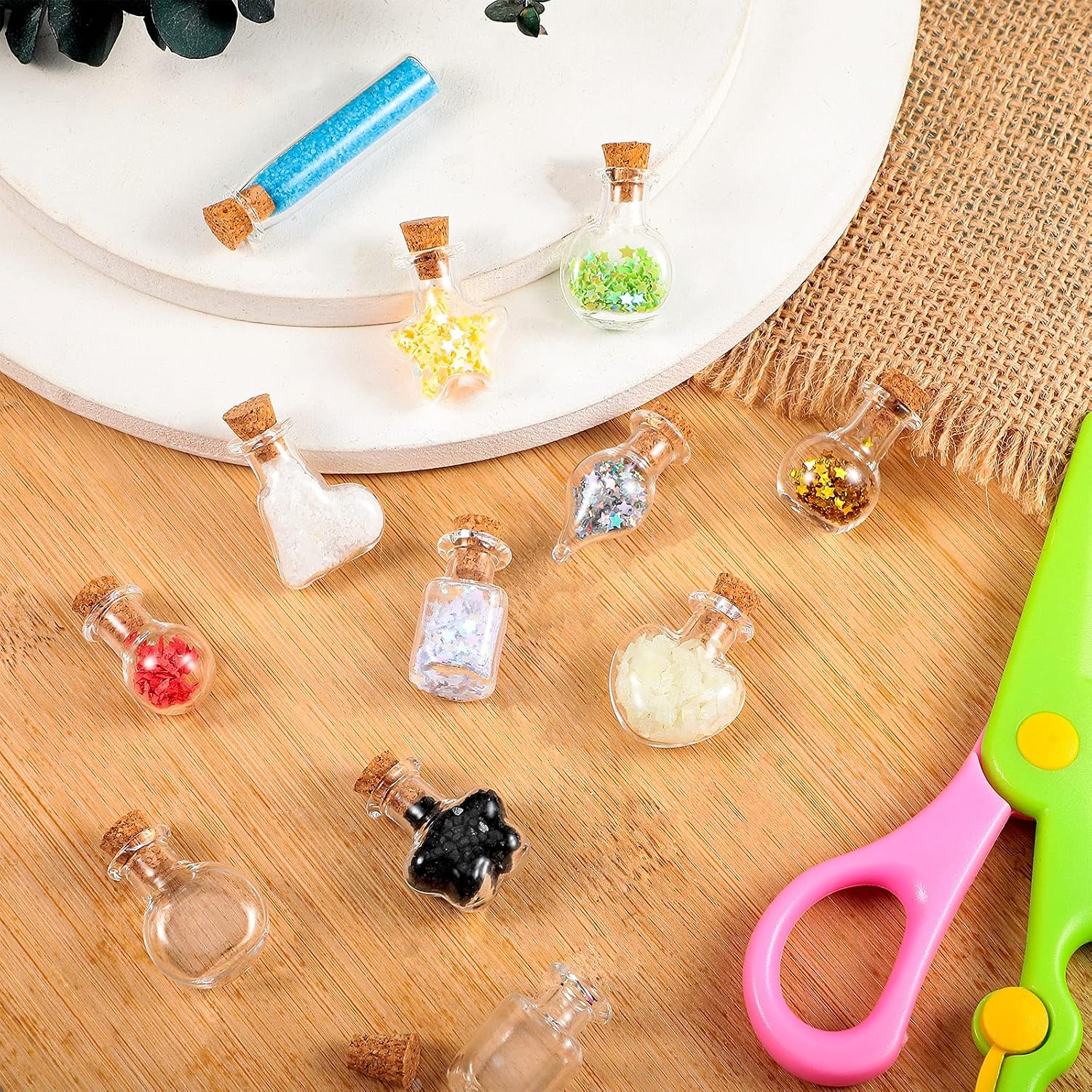 Patelai 50 Pieces Small Mini Glass Jars Bottles with Cork Stopper 10 Style Christmas Wishing Glass Cork Bottle and 50 Pieces Eye Screws for Wedding Birthday Christmas Party Home Decoration