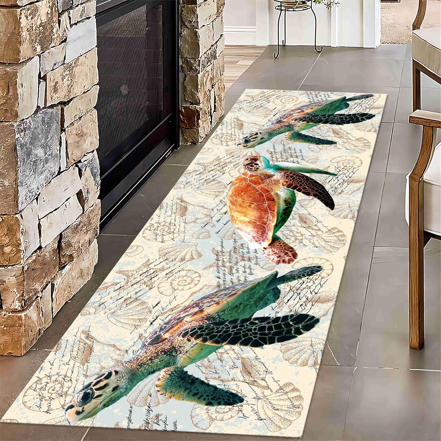 Puyosvrv Retro Sea Turtle Long Hallway Rug,2x7ft,Beach Theme Starfish Shell Conch Pattern Rugs,Marine Animal Area Carpet,Non-Shedding Washable Kitchen Rug for Bedside Living Room
