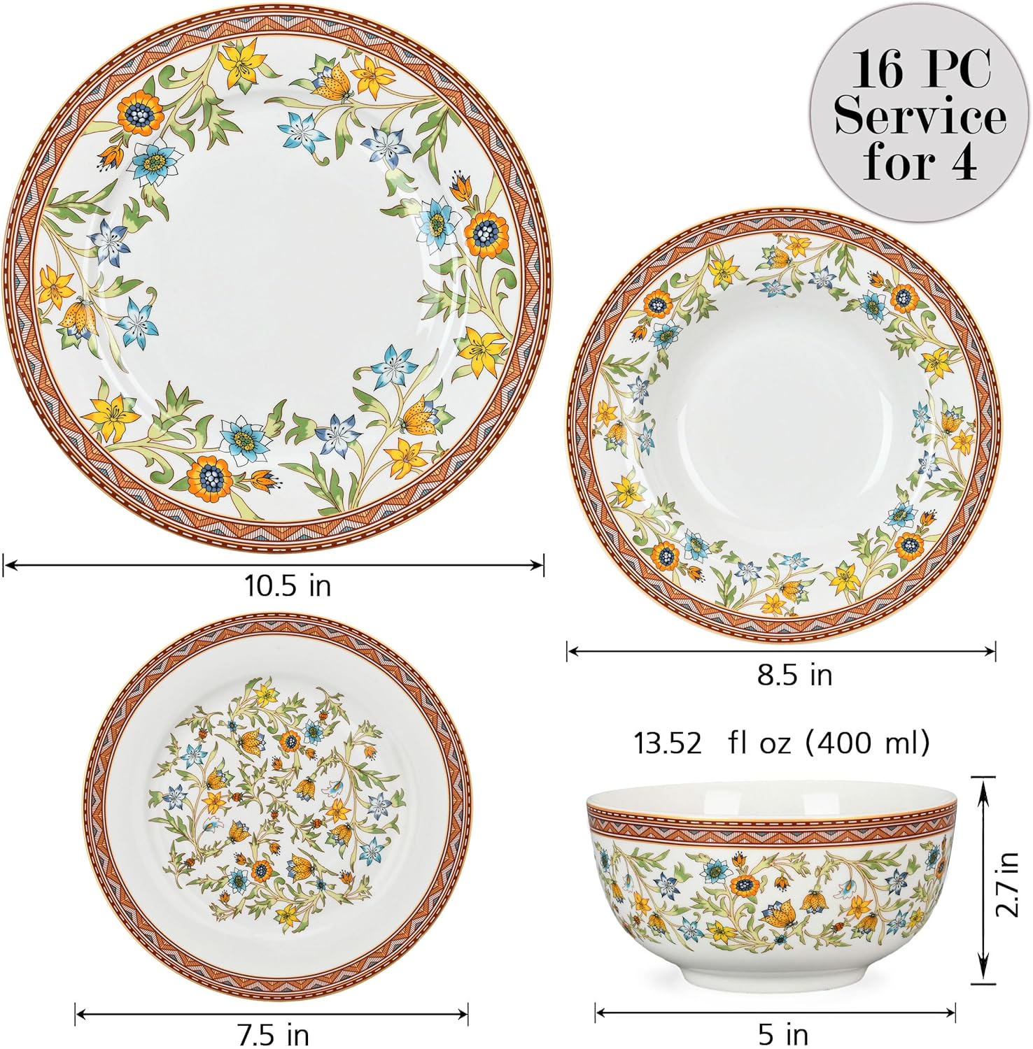 Fleurs des Prairies Bone China Dinnerware Set of 16 for 4 persons, Handmade Reactive Glaze Dishes Set,Chip Resistant and Scratch Resistant, Oven&Dishwasher & Microwave Safe,Service for 4