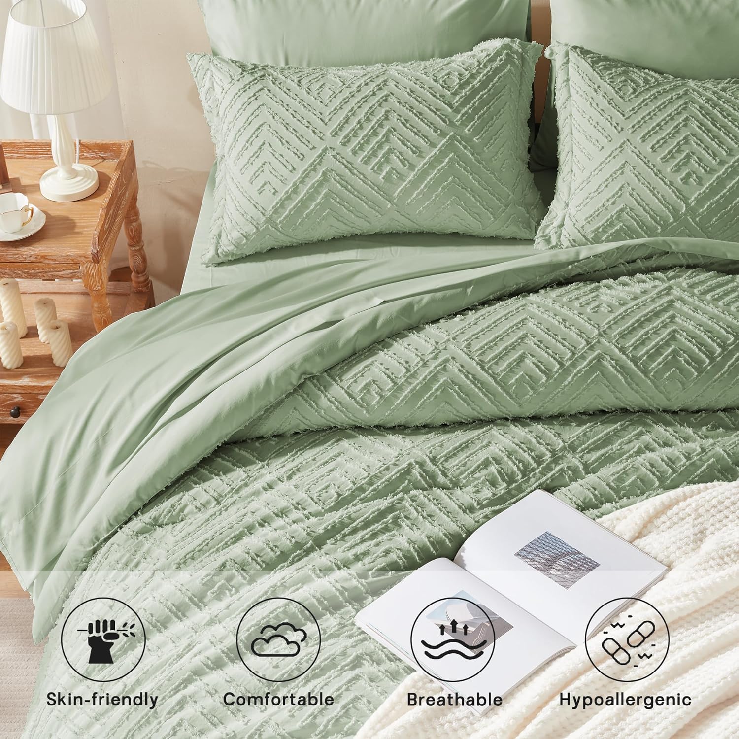 Zzlpp Queen Comforter Set 7 pieces, Sage Green Tufted Bed in a Bag with Comforter and Sheets, All Season Boho Bedding Sets with 1 Comforter, 2 Pillow Shams, 2 Pillowcases, 1 Flat Sheet, 1 Fitted Sheet - Image 3
