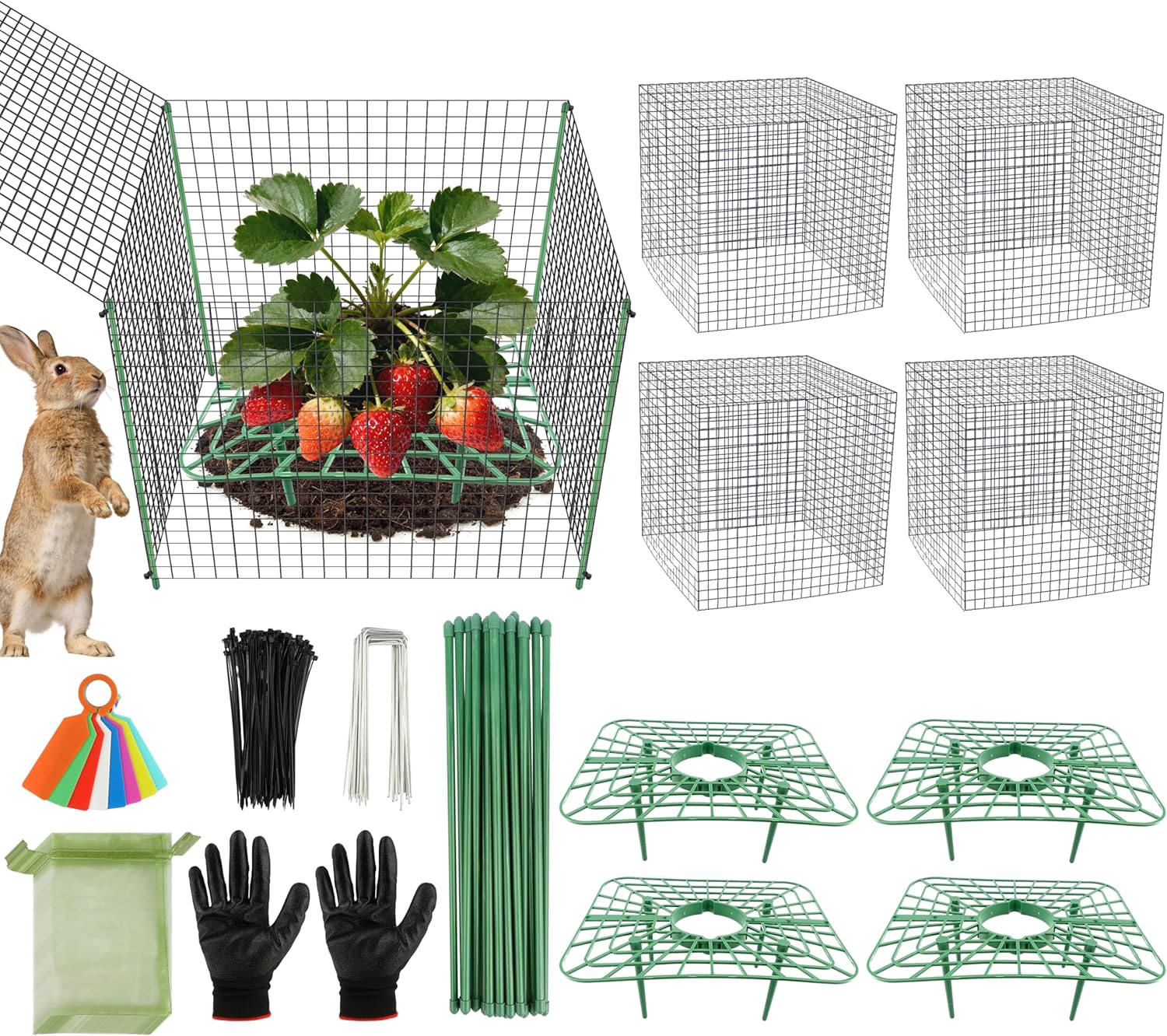 Fayoo 4 Pack Strawberry Supports with Plant Protectors from Animals, 20 Pcs Wire Plant Cage 12x12Inch Mesh Plant Cover with Iron Plant Nails, Organza Bags for Garden Strawberry Vegetables