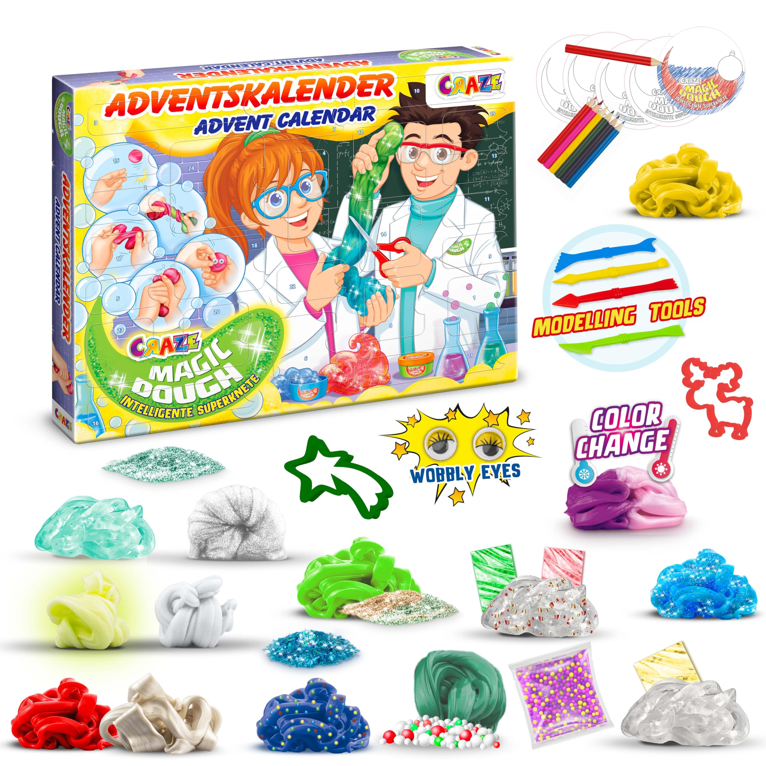 Craze Calendario de Adviento Magic Dough - Calendario de Adviento para Niños y Niñas con Plastilina Inteligente, 24 Grandes sorpresas con Arcilla para modelar