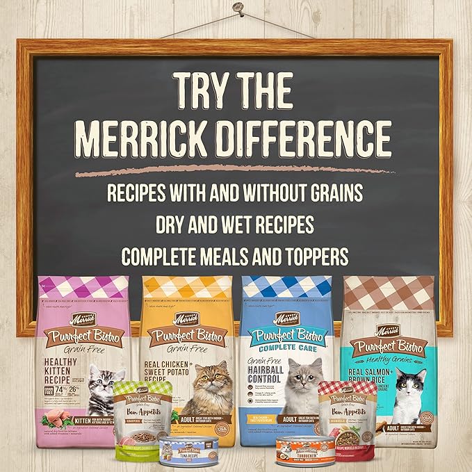 Merrick Purrfect Bistro Grain Free Cat Food, Complete Care Hairball Control Dry Cat Food Recipe is a premium cat food designed to help control hairballs in your feline friend. This formula is made with real deboned chicken as the first ingredient, providing high-quality protein to support your cat's overall health and well-being.