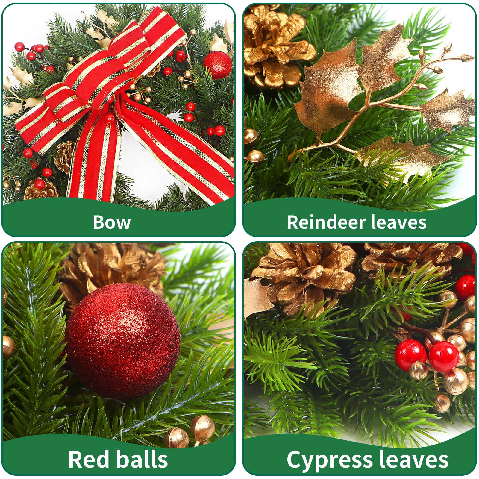 Couronne de Noël de 50,8 cm avec nœud pour porte d'entrée, couronne de Noël avec lumières et boules brillantes pour Noël, Nouvel An, décoration d'intérieur