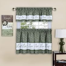 PowerSellerUSA Country Gingham Check Live Laugh Love 3-Piece Cafe Plaid Kitchen Curtain Set, Assorted Colors - 58" W x 36" L, Green