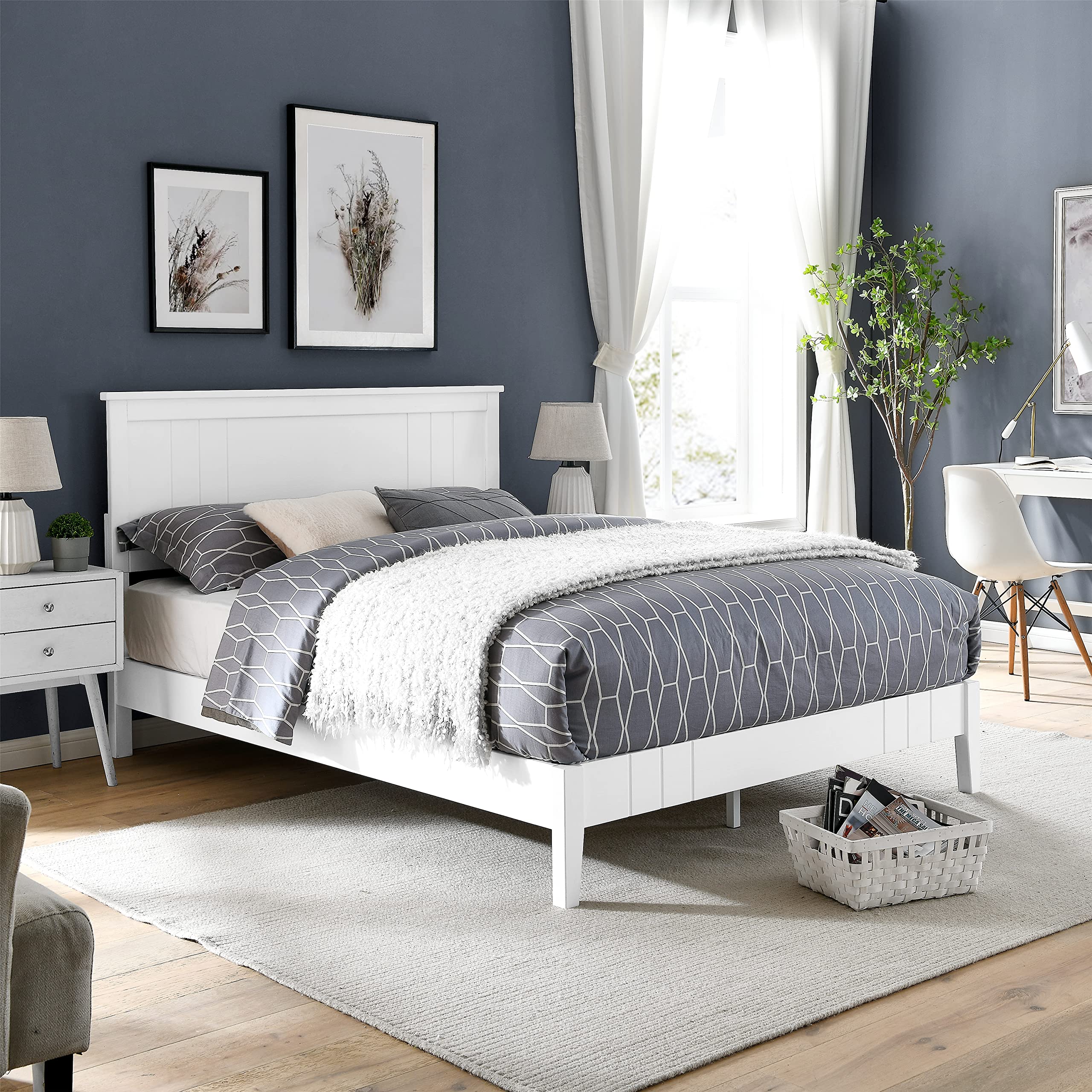 MUSEHOMEINC Mid-Century Modern Solid Wooden Platform Bed with Adjustable Height Headboard for Bedroom,Wood Slat Support & No Box Spring Needed