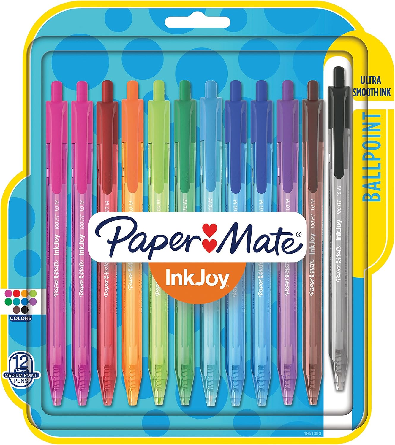 Paper Mate InkJoy 100RT Retractable Ballpoint Pens, Medium Point, Assorted, 12 Pack (1951393)