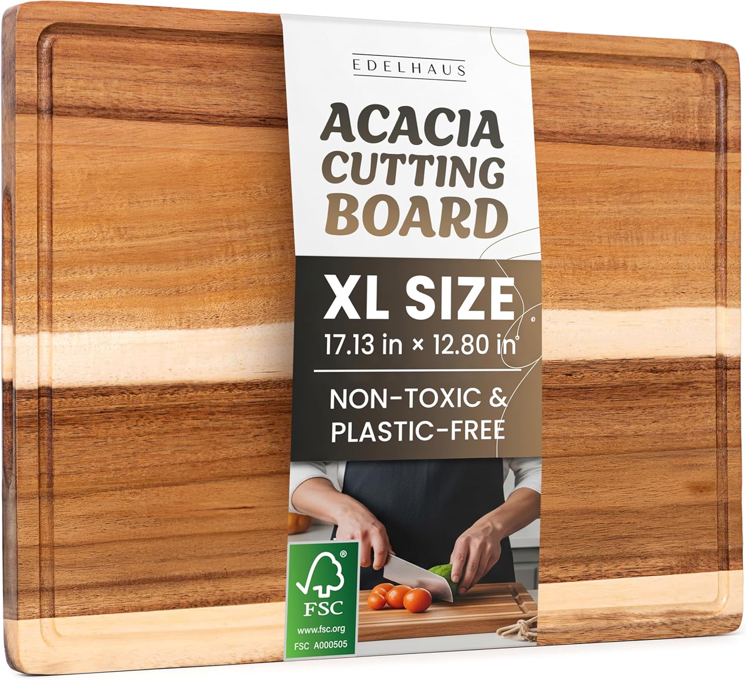 Acacia Wood XL Cutting Board for Kitchen, Large Cutting Board 17.1 × 12.8 - Wooden Chopping Boards with Juice Groove, Non-Toxic, Knife-Friendly & Durable – Housewarming Gift, Charcuterie & Meal Prep