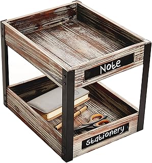 MyGift Distressed Torched Wood 2 Tier Document Paper Tray with Black Metal Frame and Chalkboard Label, Desktop File, Lette...