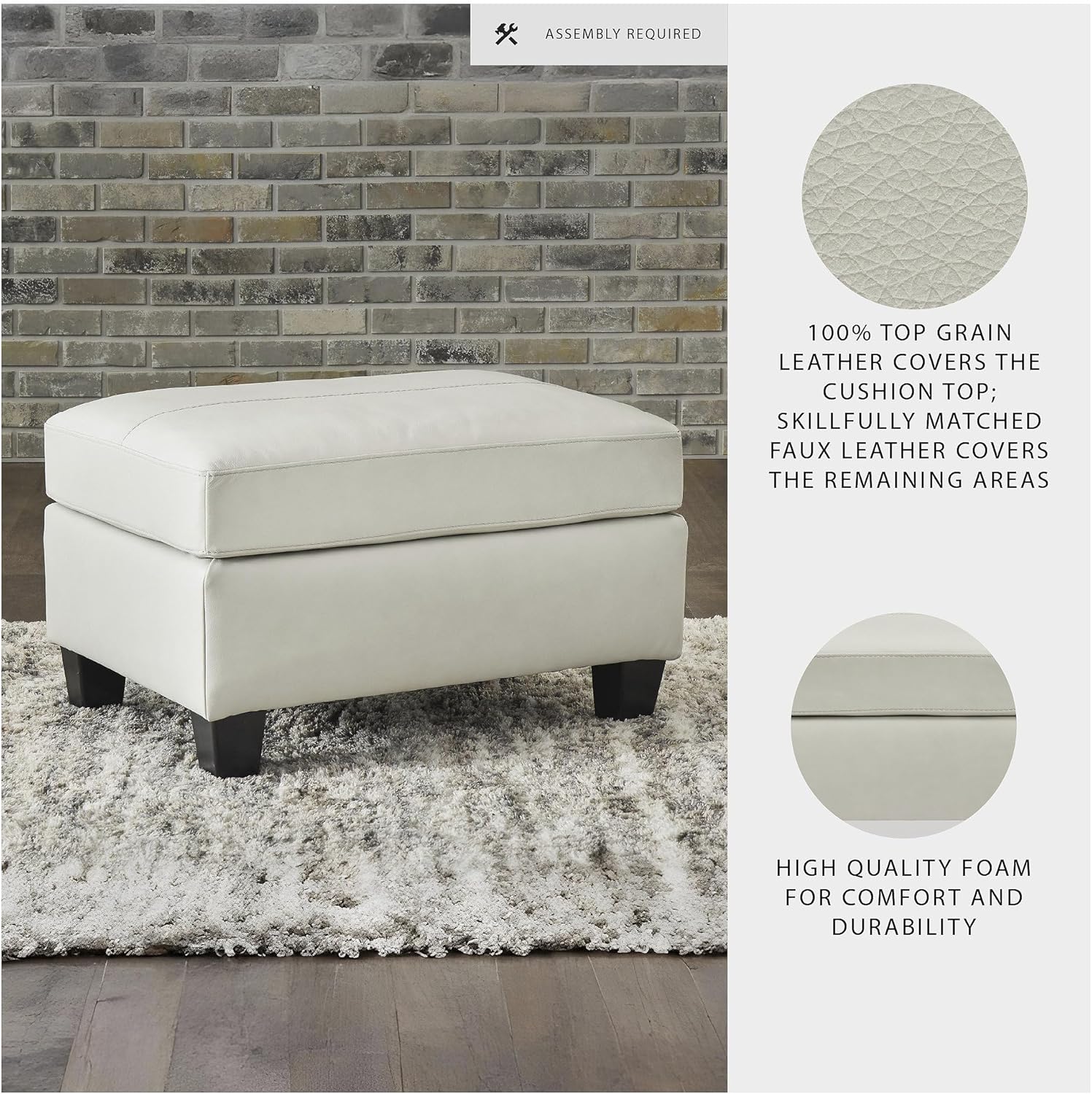 Signature Design by Ashley Genoa Contemporary Chic Leather Ottoman, Cream