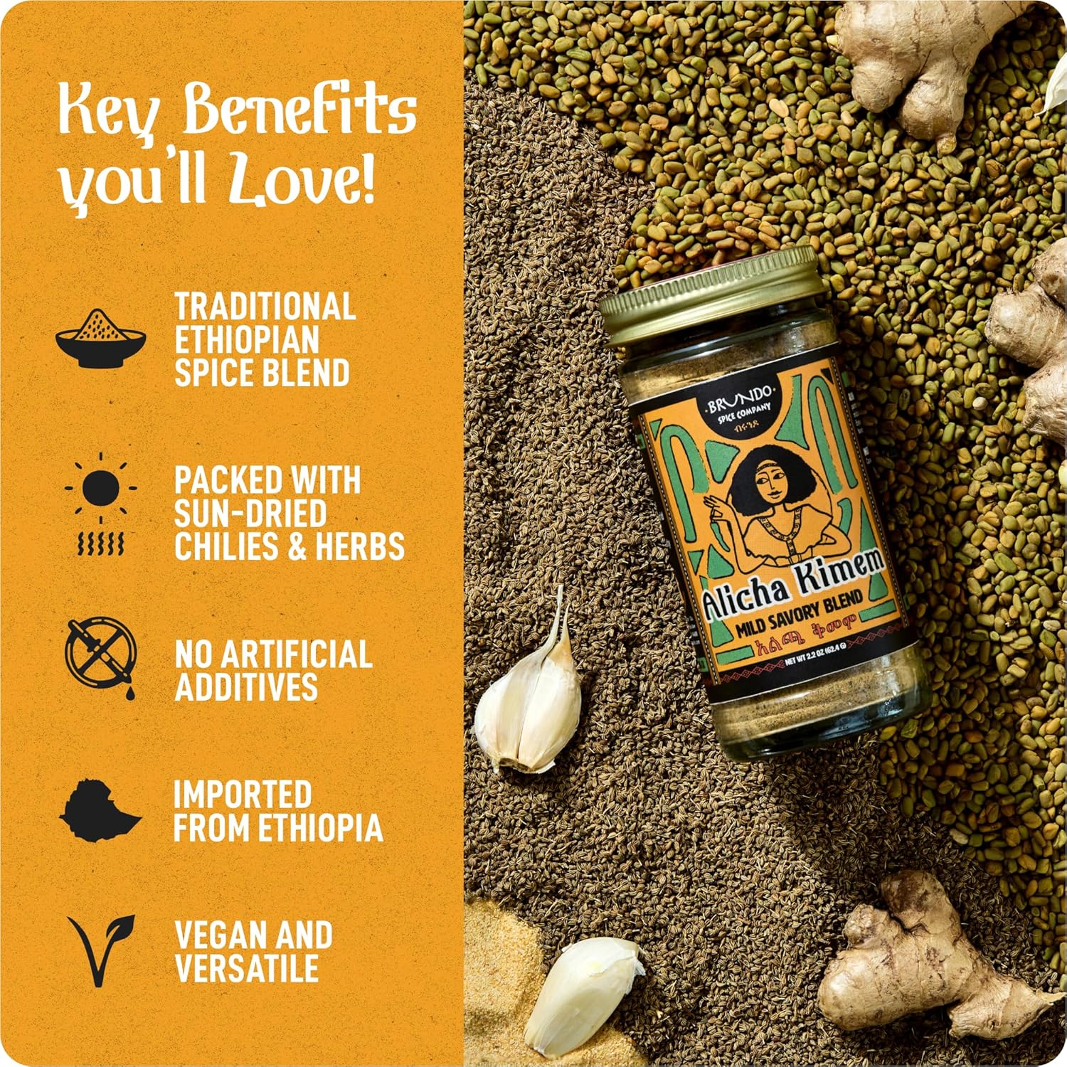 Brundo Ethiopian Spice Company | Alicha Kimem | Mild Ethiopian Spice Blend | Used to Make Kik Alicha and Doro Alicha | Imported and Craft in Ethiopia 2oz - Image 2