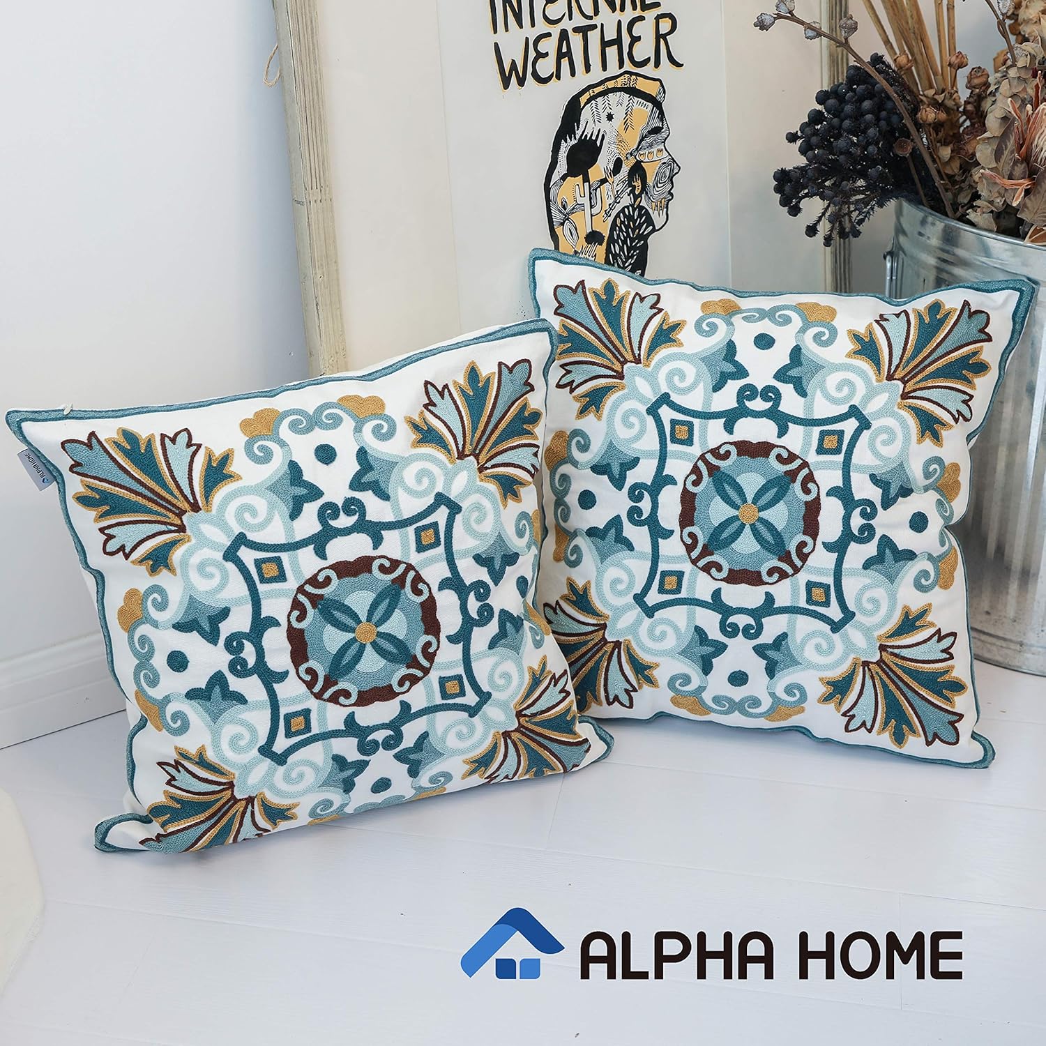 ALPHA HOME Embroidered Throw Pillow Covers Decorative Cushion Covers 18 x 18 inch, Set of 2, Leaf