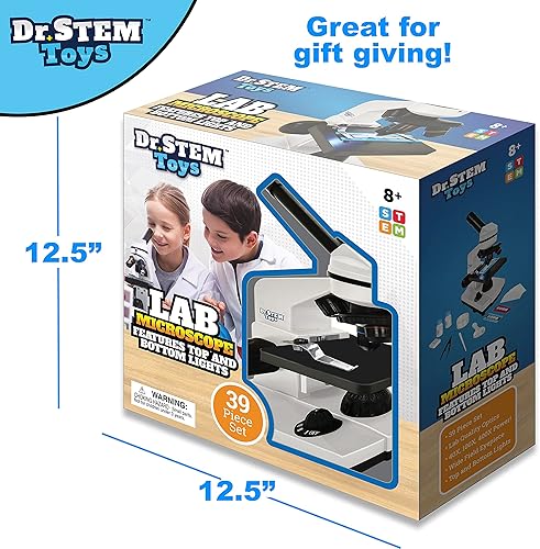 Miniatura 2 de Dr. STEM Toys Kit de microscopio de 39 piezas para niños con luces superior e inferior, diapositivas de muestra, lentes ajustables 40X, 100X y 400X,