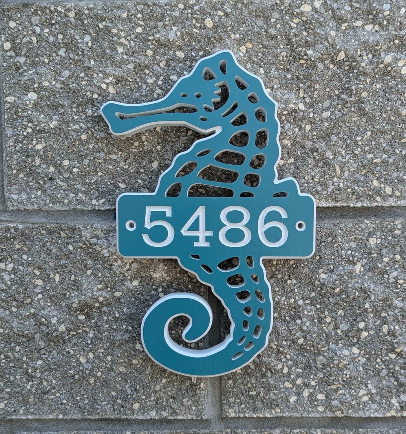 Custom PVC Address Sign- Carved and Painted House Number With Seahorse Design, Outdoor, Weatherproof, Durable, Beach, Coastal, Ocean, Street