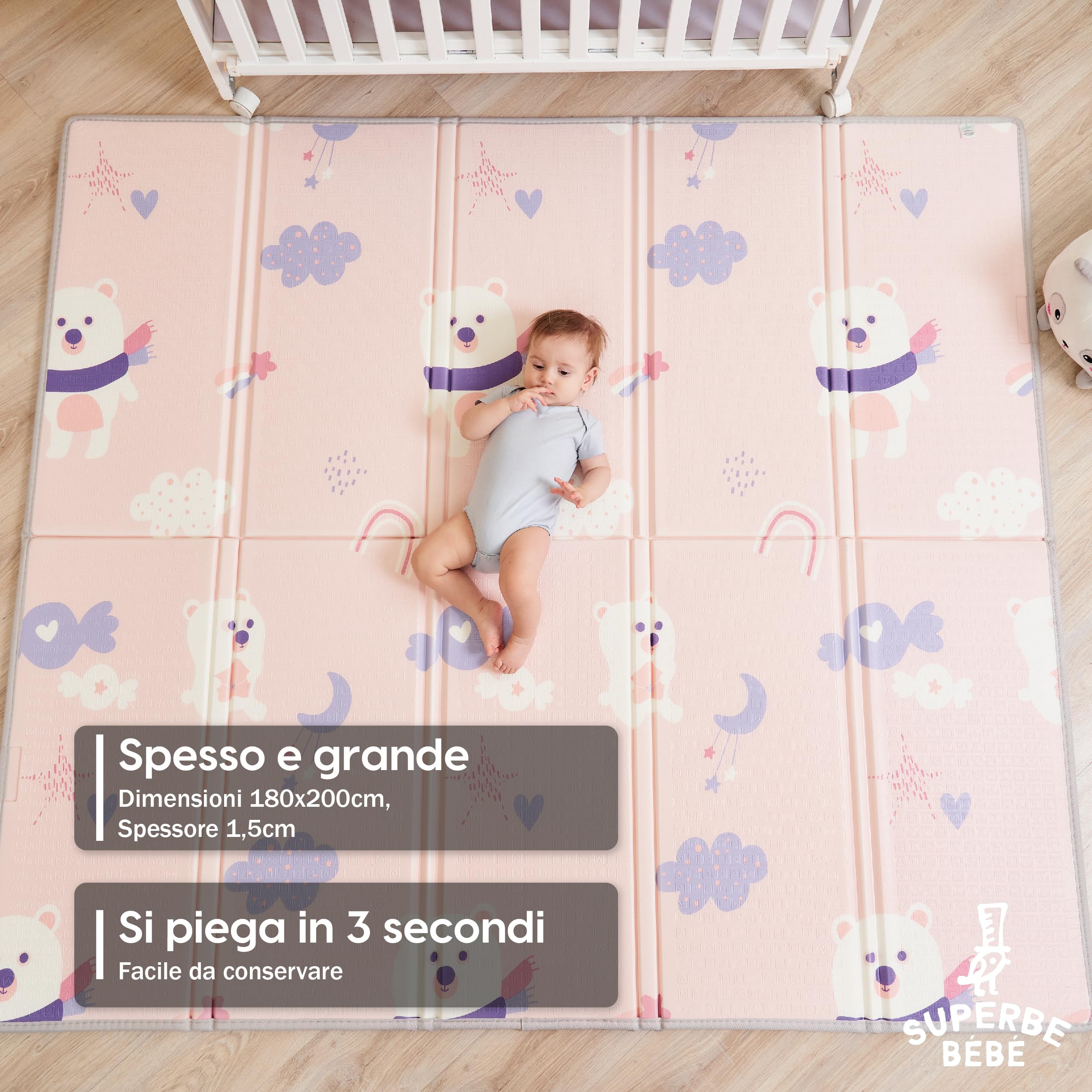SUPERBE BEBE Tappeto Per Bambini e Neonati Reversibile e Non Tossico, Pieghevole e Impermeabile in Schiuma Per Bimbi. Per la Camera del Bambino o della Bambina. Grande Formato Regalo Bambino