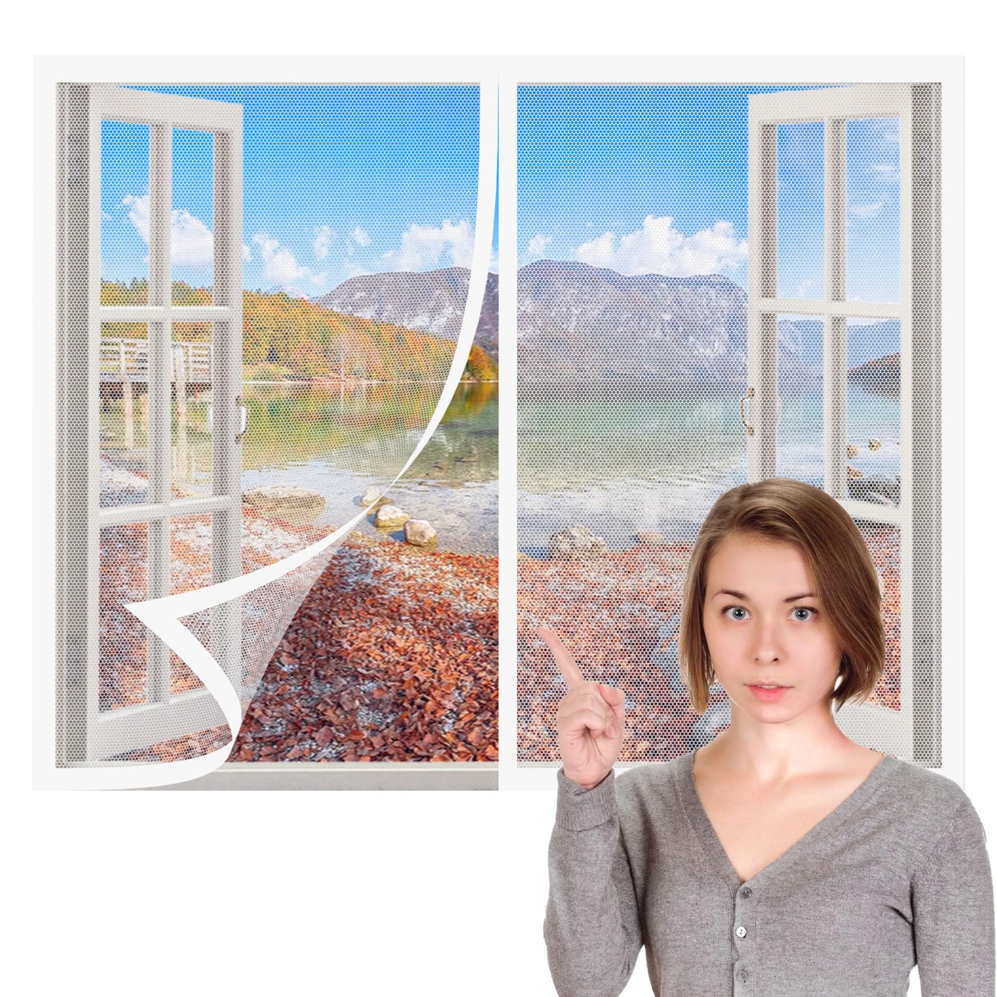 Window Fly Screen 175 x 130 cm with Selfadhesive Bug Net for Windows Without Drilling Or Screwing with Self Adhesive Tape for Living Room Bedroom Offfice, White