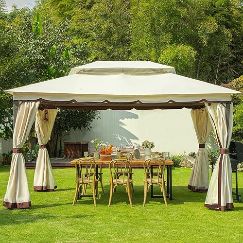 MEWAY Cenador de patio de 10 x 13 pulgadas con mosquitera, toldo de aluminio para exteriores con cortinas para patio trasero, césped, jardín,