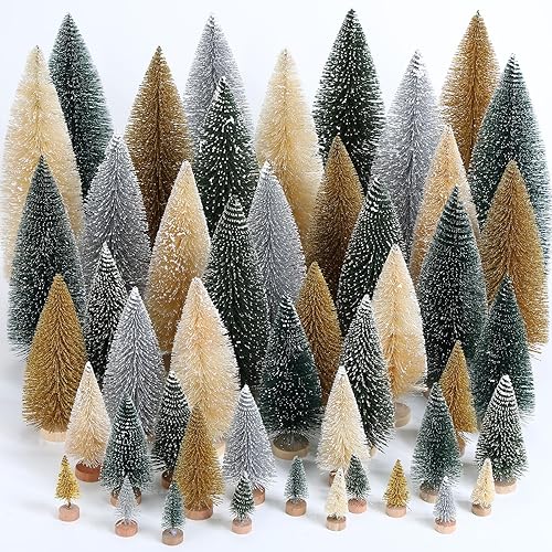 Miniatura 8 de Geetery 25 árboles de Navidad artificiales de pino, árboles de sisal, árboles de cepillo con base de madera para fiesta de Navidad, hogar, mesa,