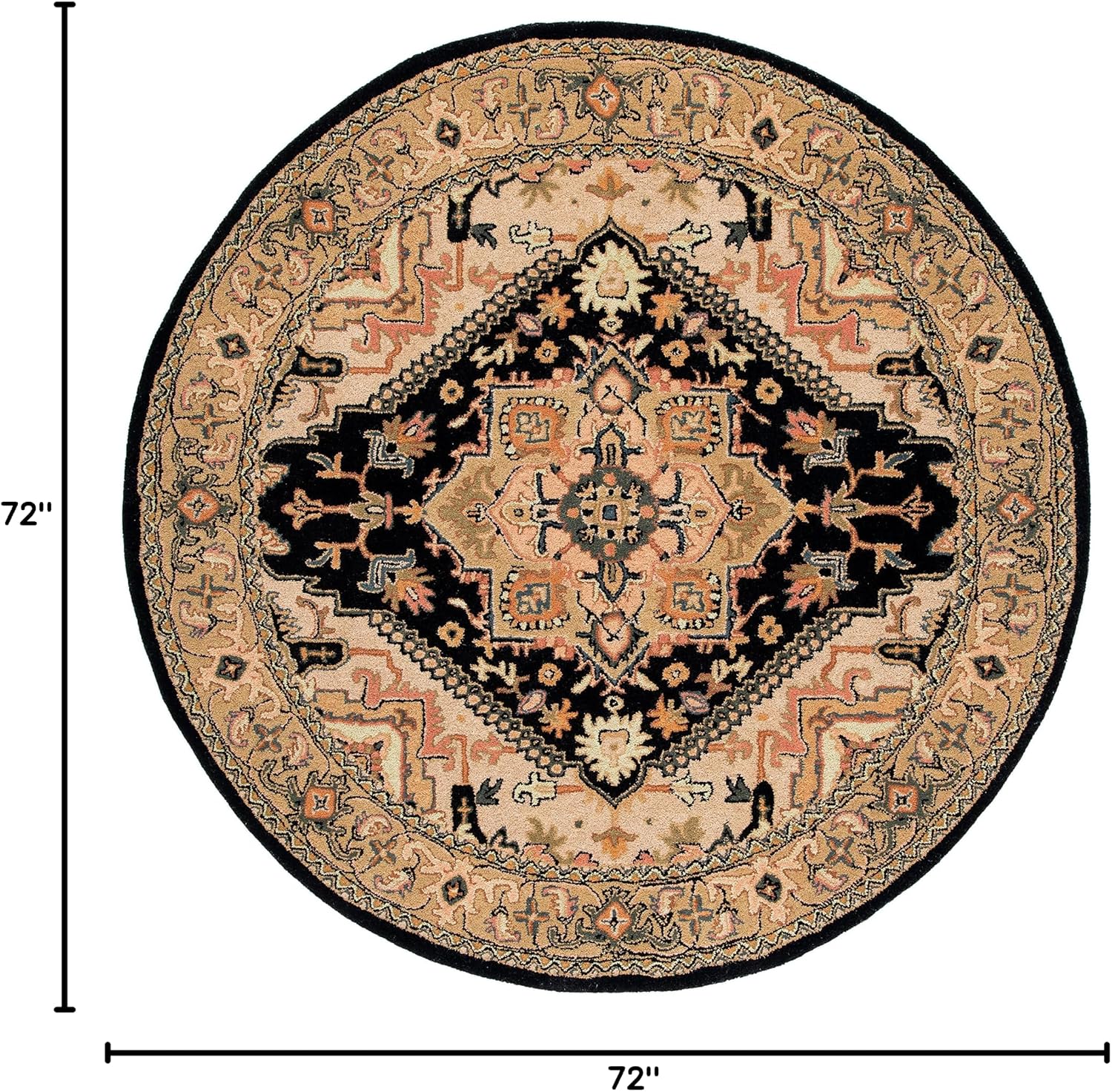 SAFAVIEH Heritage Collection Area Rug - 6' Round, Black & Gold, Handmade Wool, Traditional Oriental Medallion Design, Ideal for Living Room, Bedroom, Dining Space (HG625Z)