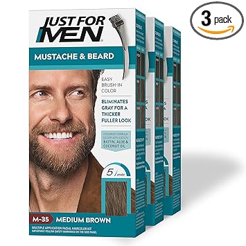 Just for Men Brush-In Color Gel Mustache & Beard Color, 72.6g (Pack of 3) - Medium Brown M-35