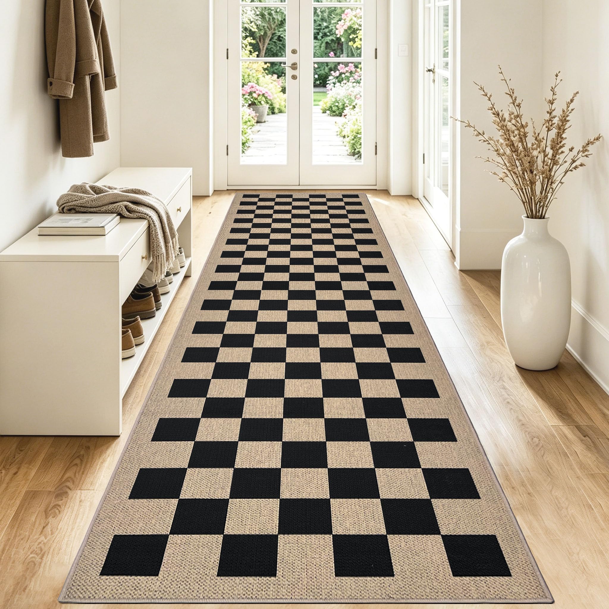 Tapis en jute moderne pour terrasse et salon design noir 80 x 300 cm