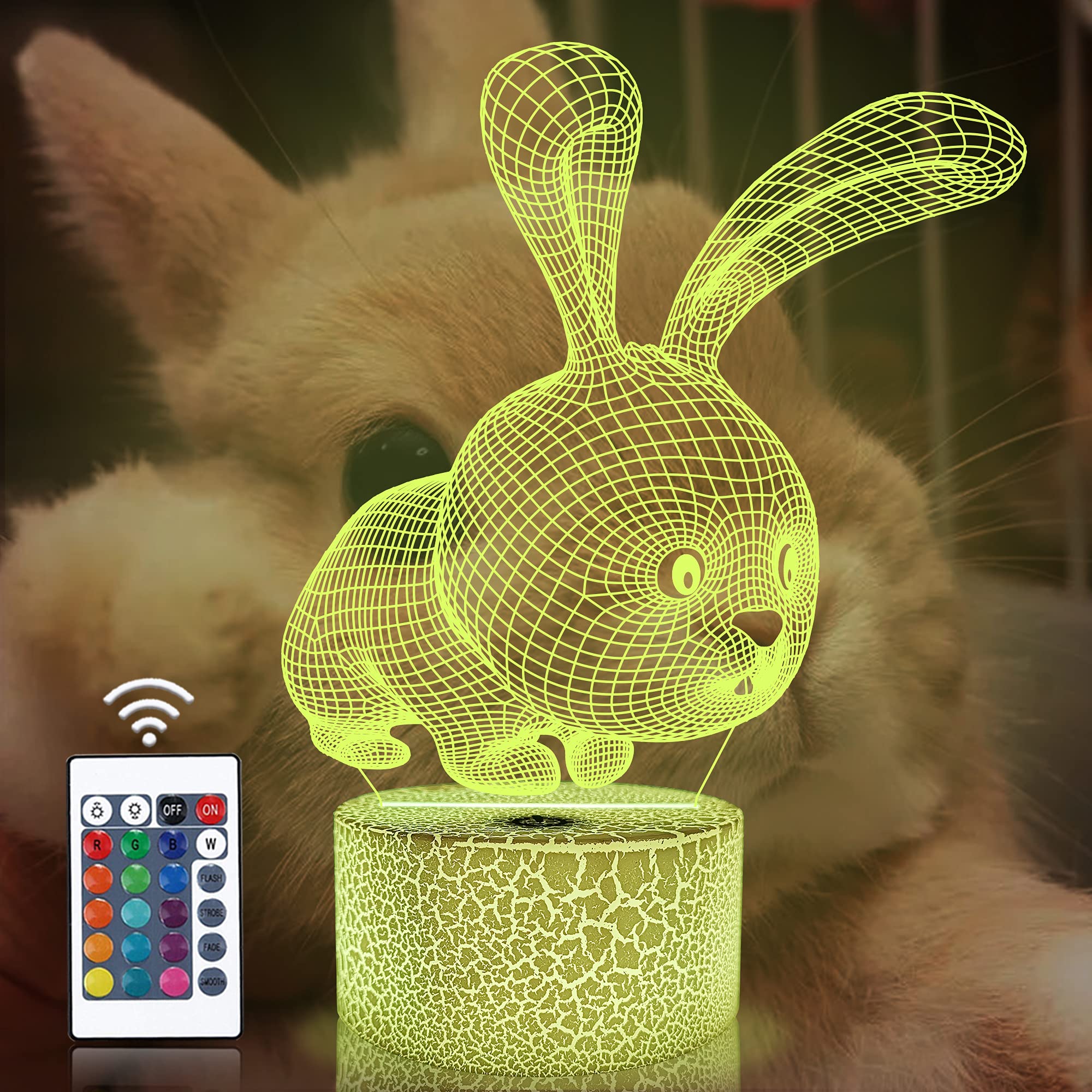 Attivolife Rabbit 3D Illusion Lamp, Bunny Night Light with Remote Control + Timer 16 Color Changing Desk Lamps Kids Animal Room Decor Plug in Best Cool Festival Birthday Gifts for Boys Men Child