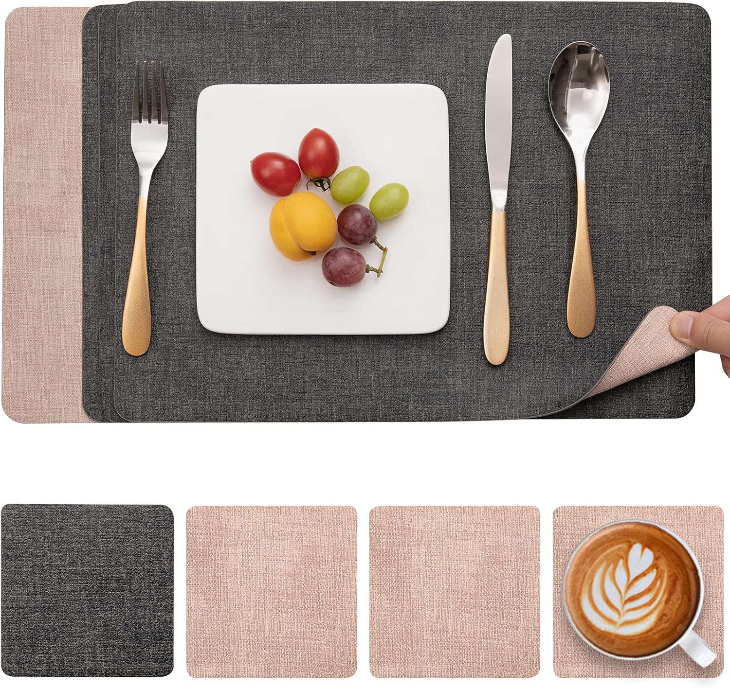 Myir JUN Placemats and Coasters Set of 4, Place Mats Dual Sided Faux