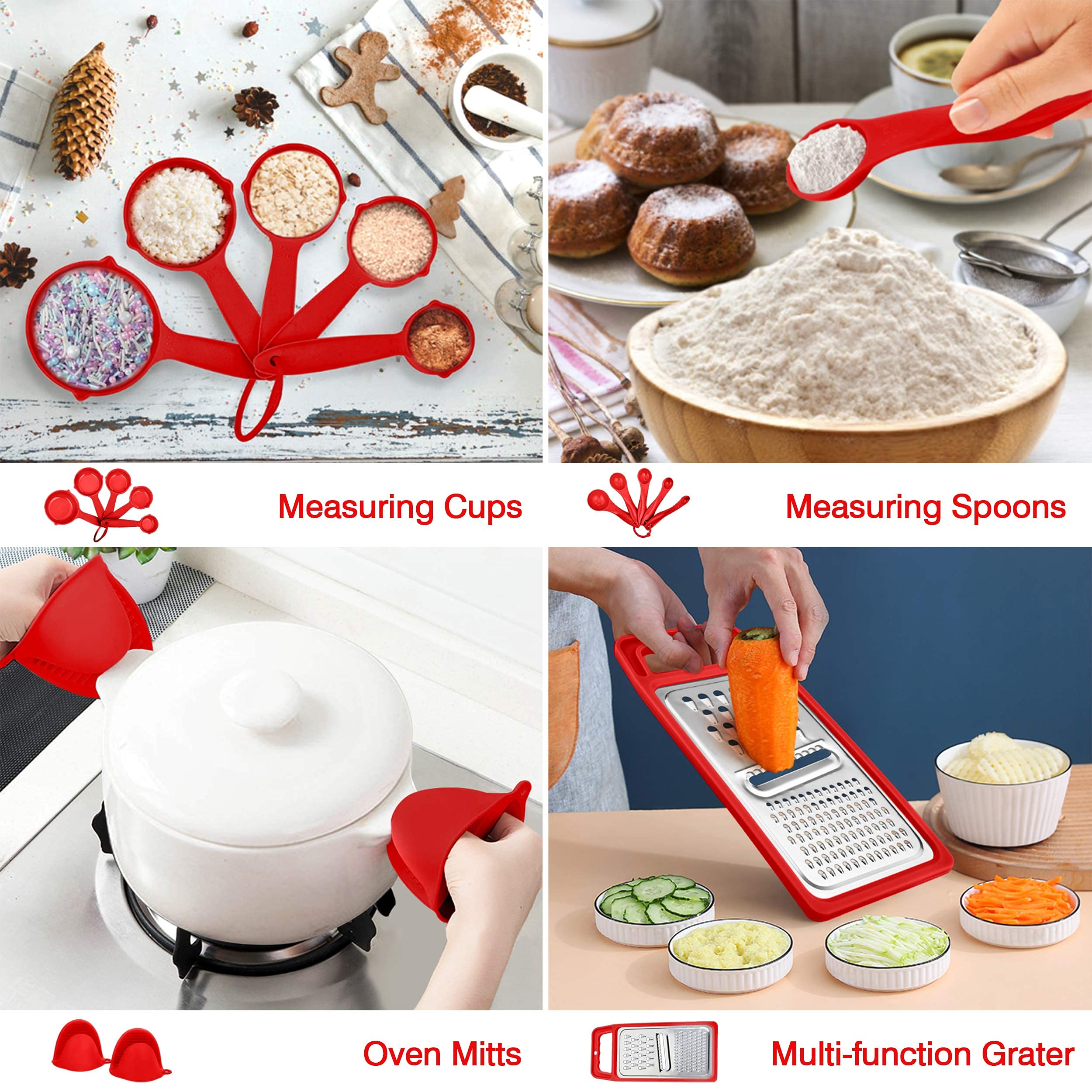 LIANYU Juego de 27 utensilios de cocina con soporte juego de espátula de silicona con mango de acero inoxidable utensilios de cocina para utensilios de cocina antiadherentes resistente al calor rojo