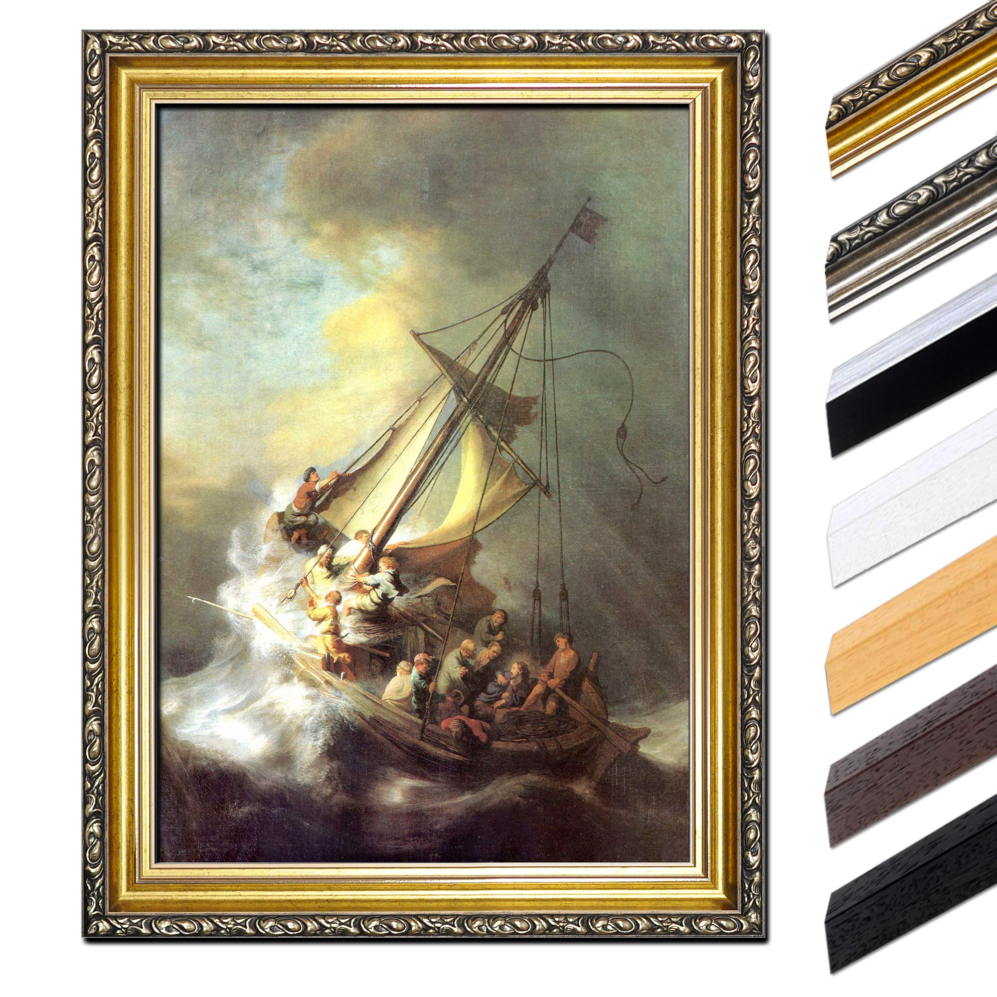 Bilderdepot24 Bild mit Rahmen - Rembrandt Christus im Sturm auf dem See von Galilea 40x50 cm - Gerahmtes Leinwandbild Alte Meister - Antiker Rahmen Gold Barock, Klassisch