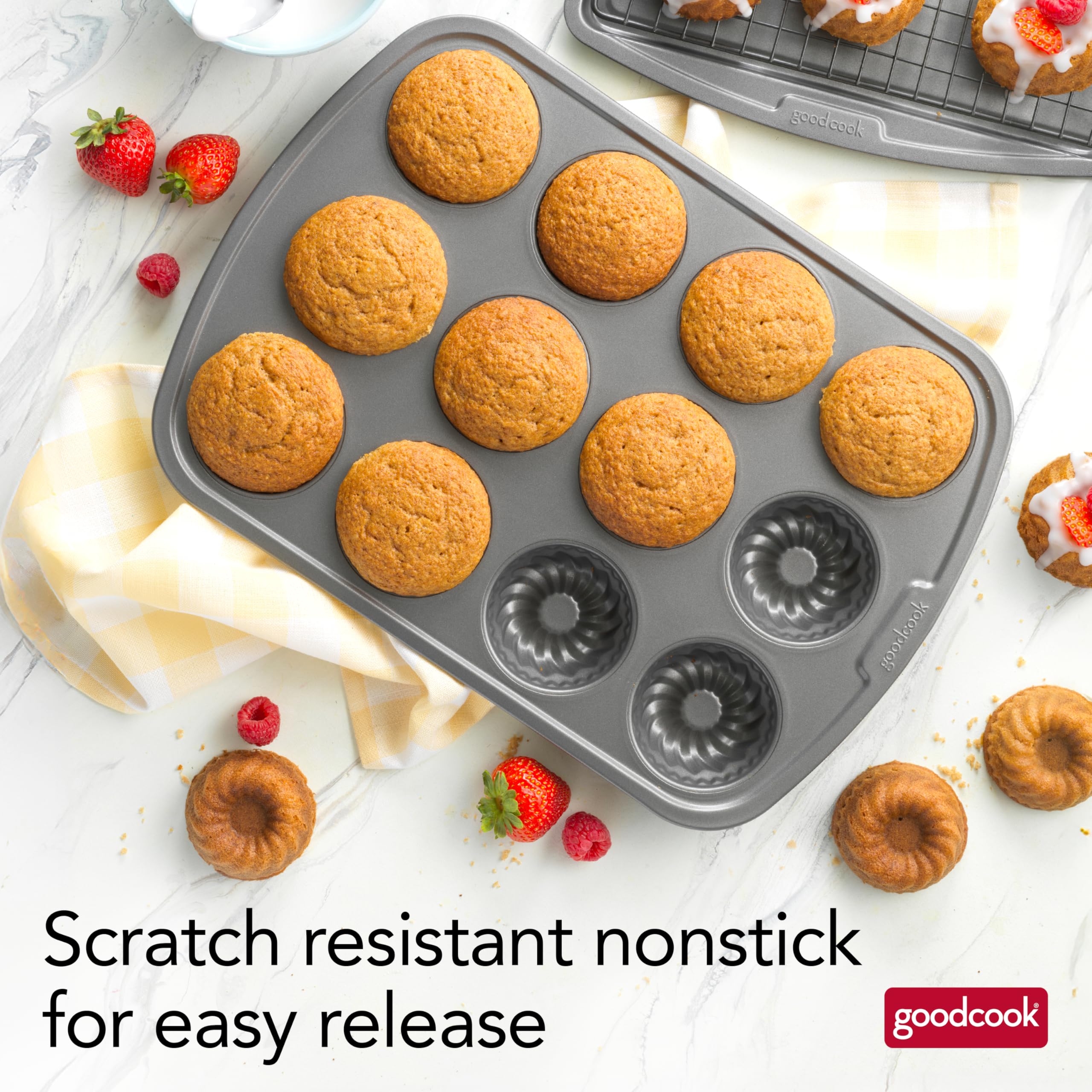 GoodCook Everyday - Teglia per torte in acciaio antiaderente, 12 tazze, colore: grigio