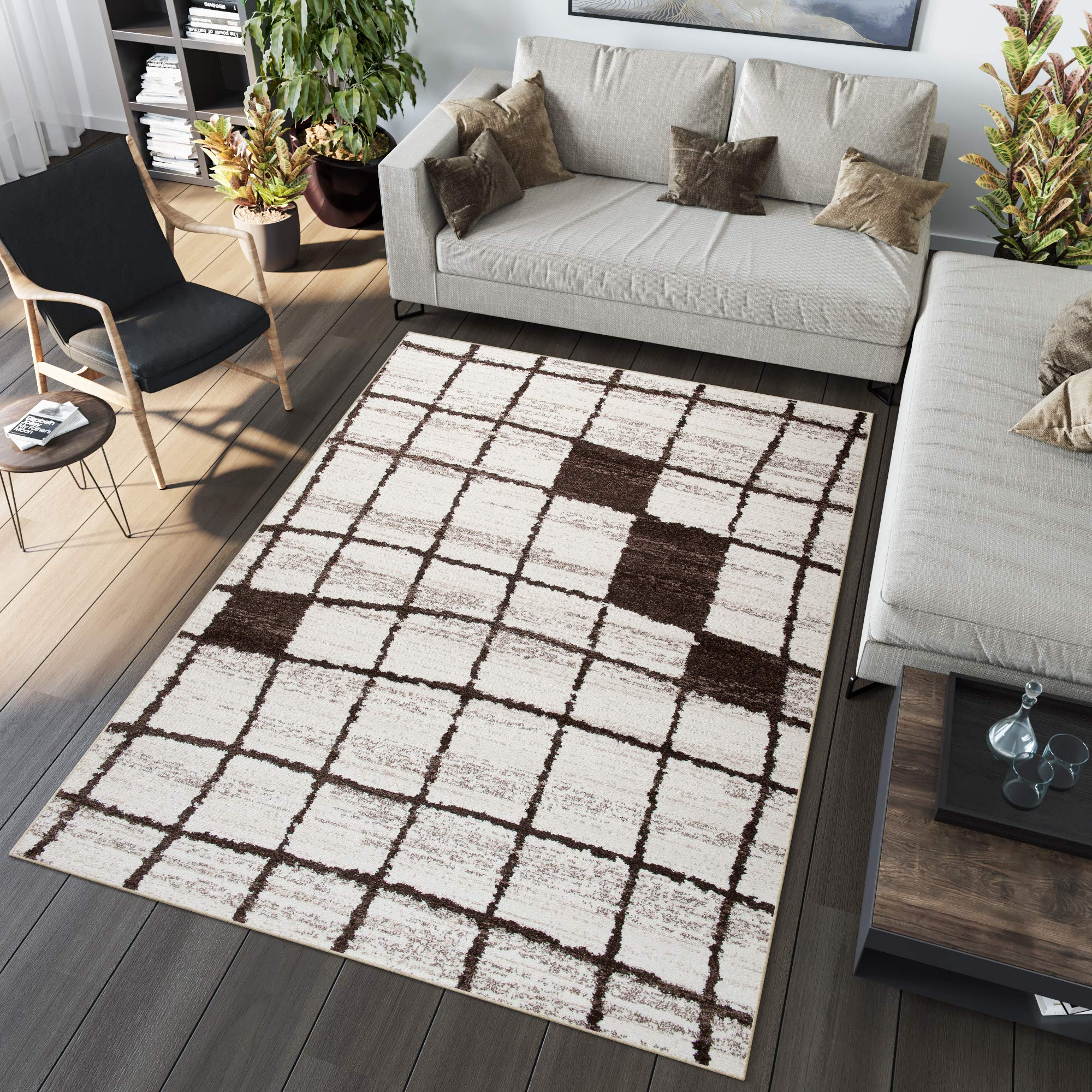 Tapiso Sari dywan z krótkim włosiem, nowoczesny melanż, designerski, kwadratowy, wzór w kratkę, diament, kolor biały, brązowy, do salonu, ÖKOTEX 200 x 290 cm