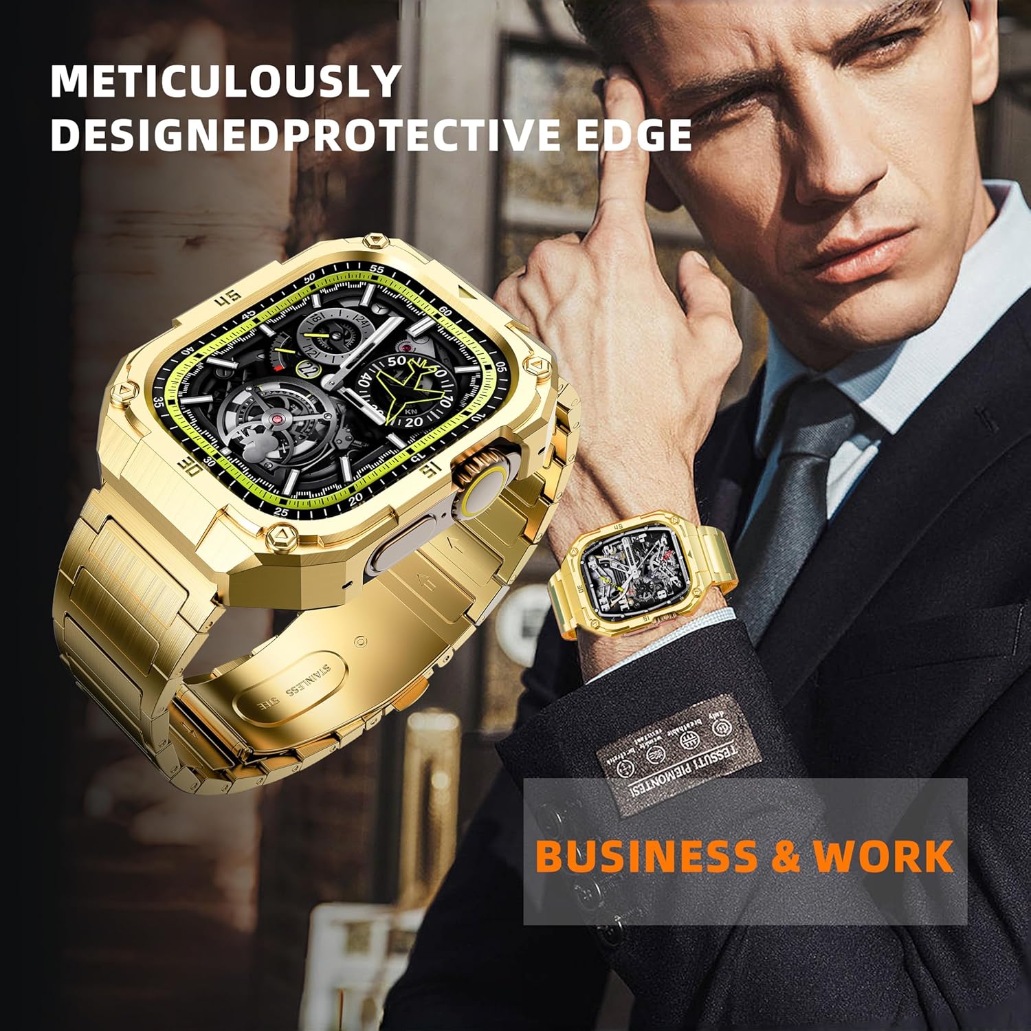 Business Stainless Steel Case with Band Compatiable for 49mm Apple Watch Ultra bands for men, Rorust Metal Apple Watch Bumper Case Cover with Solid Replacement Strap for iWatch Band Ultra 2/1,Gold - Image 9