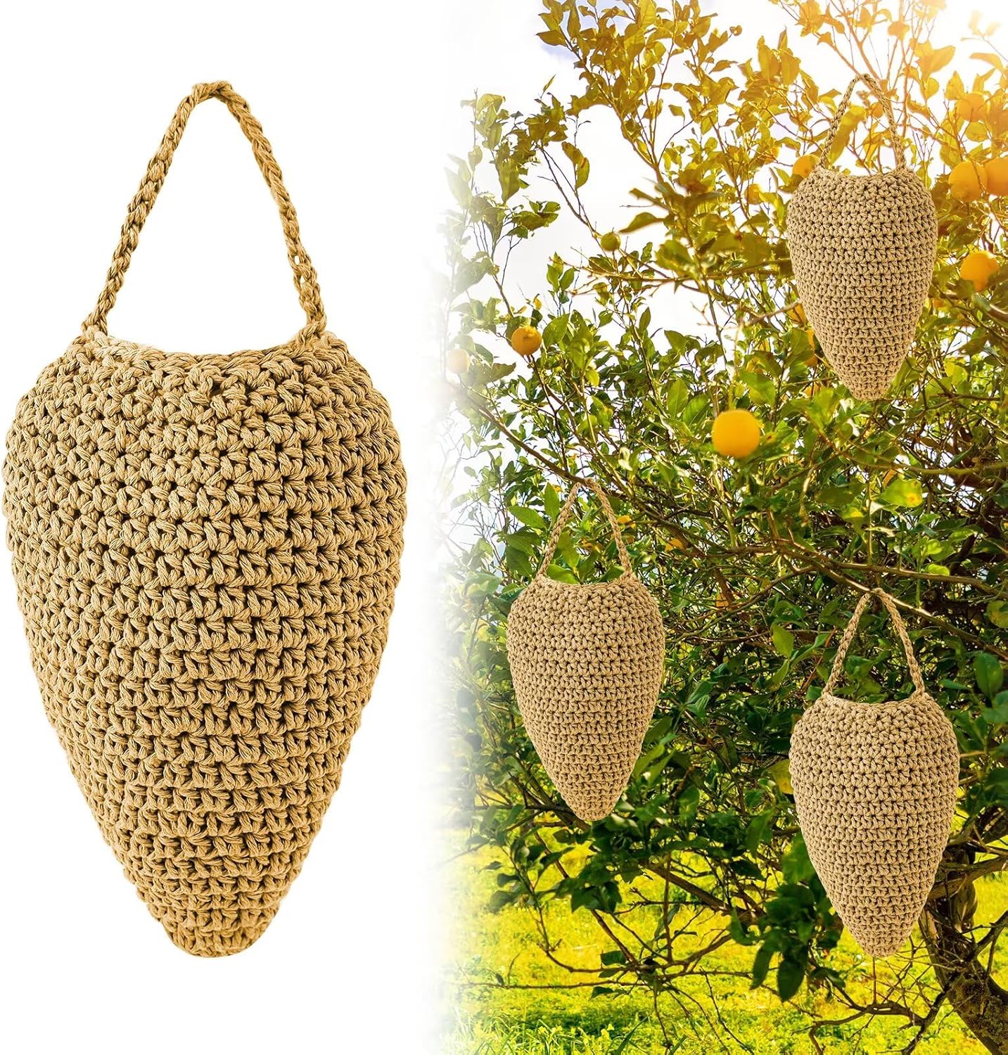 Woven Crochet Wasp Nest Decoy, Waterproof Faux Hanging Wasp Hornets Hive Nests Artificial Fake Wasp Nest Decoy Decoration for Patio Eaves Yard Home