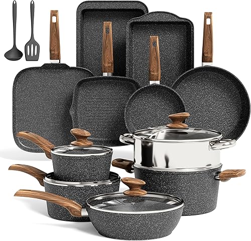 Kitchen Academy Juego de ollas y sartenes antiadherentes, antiadherentes, utensilios de cocina de inducción de granito negro, juego de sartenes