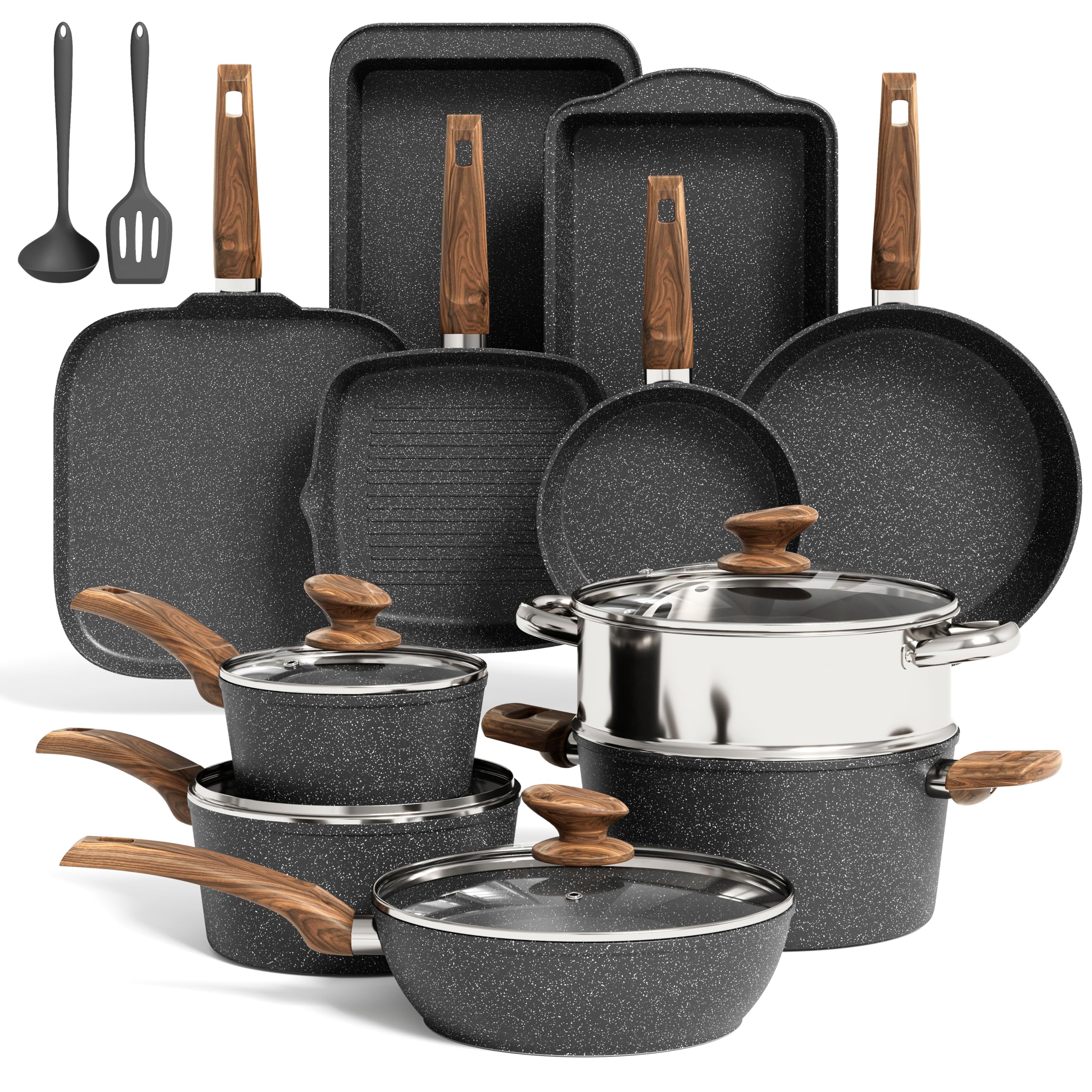 Kitchen Academy 17-teiliges Topfset Induktion, Granit Topf und Pfannenset | Antihaft-Kochpfannen für Induktions-, Gas-, Elektroherd, ungiftig, PFOA- und PFOS-frei, Schwarz